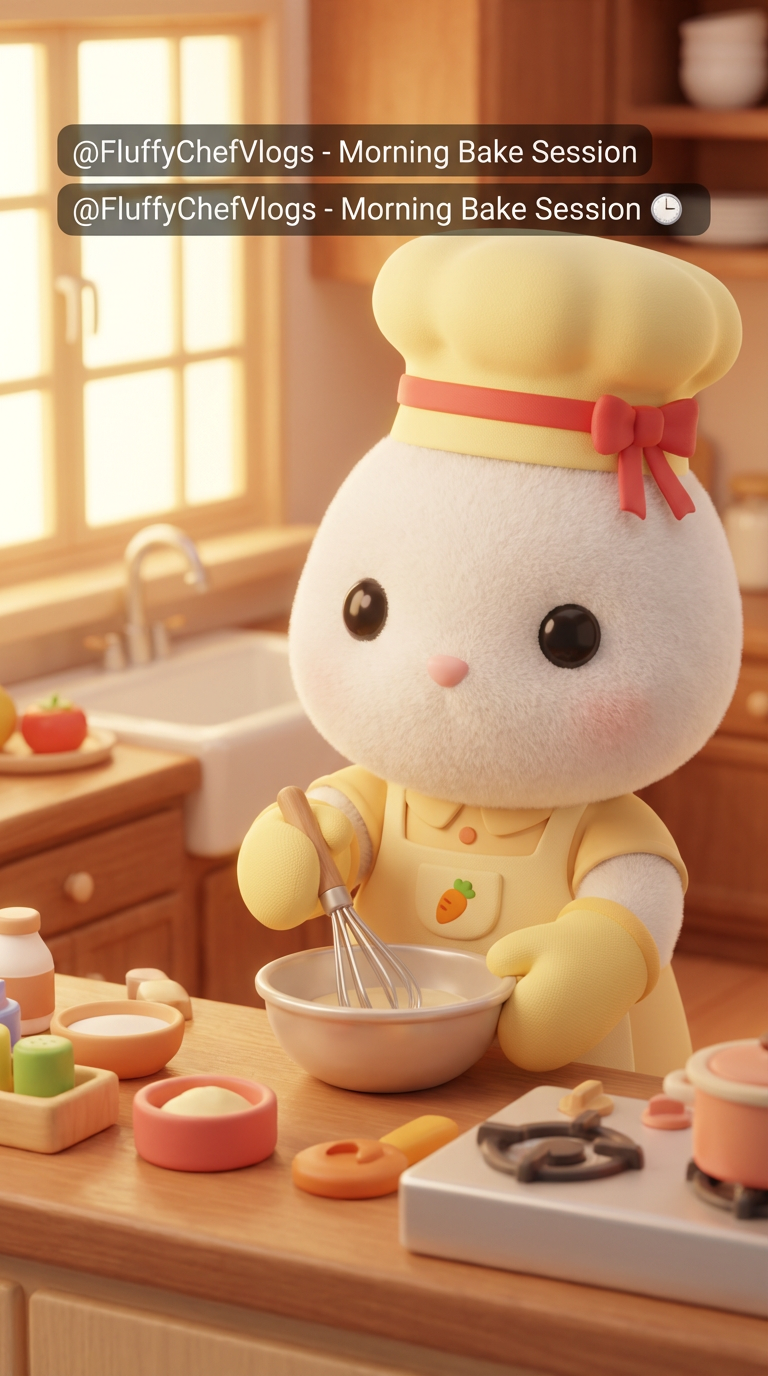 AI generated image using NANO_BANANA_PRO: A cute white rabbit character in a 3D Blender style daily cooking vlog. The rabb...