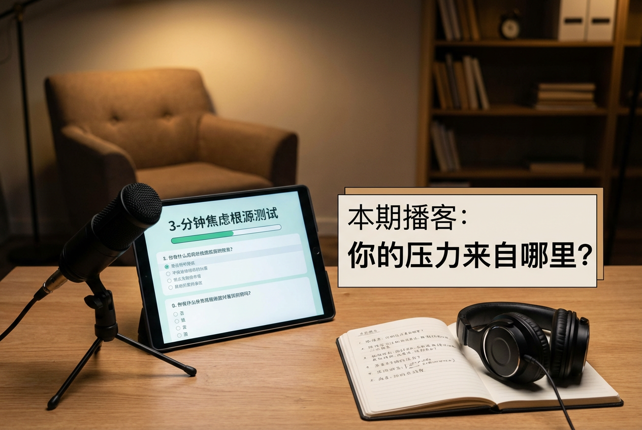 AI generated image using NANO_BANANA_PRO: In this podcast episode, we'll use a 3-minute anxiety root cause test: Where doe...