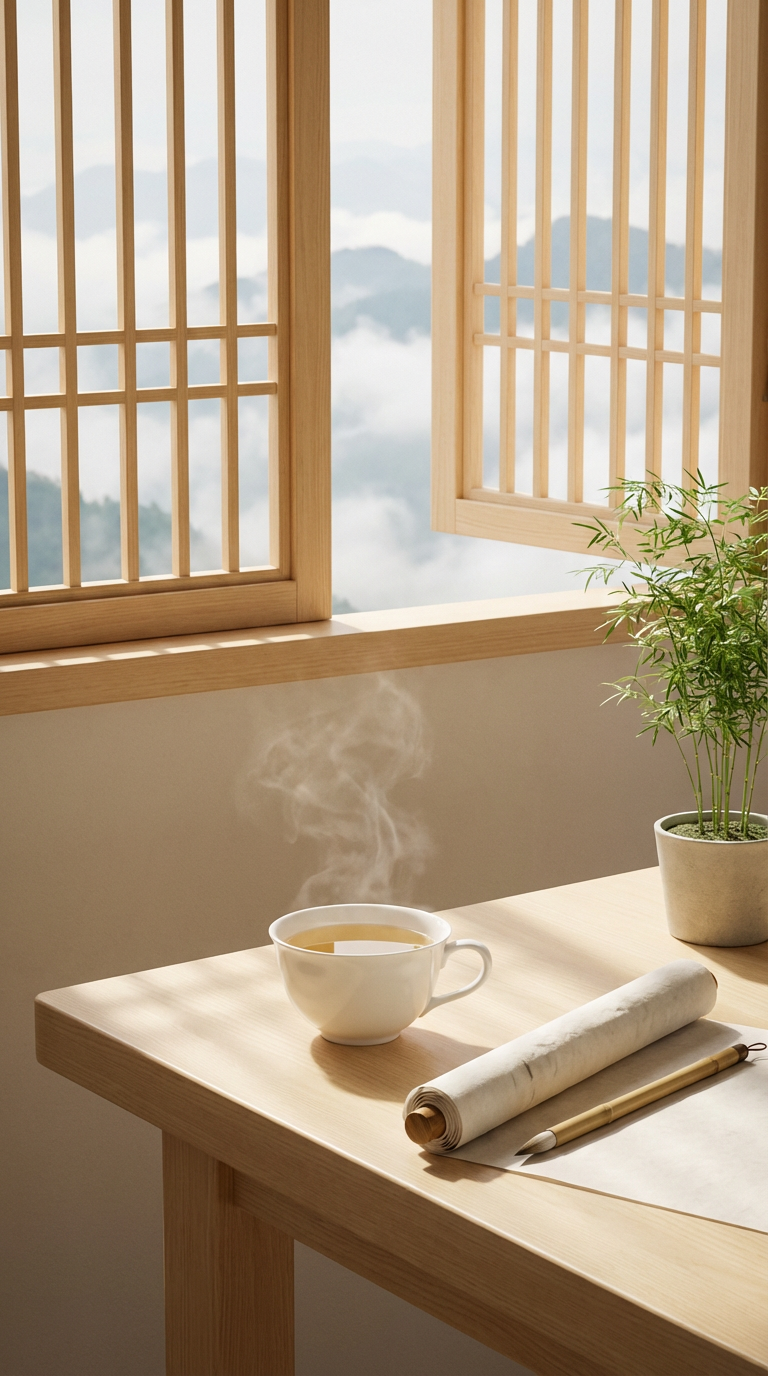 AI generated image using NANO_BANANA_PRO: A corner of a minimalist raw wood tea table. A white porcelain teacup holds half...