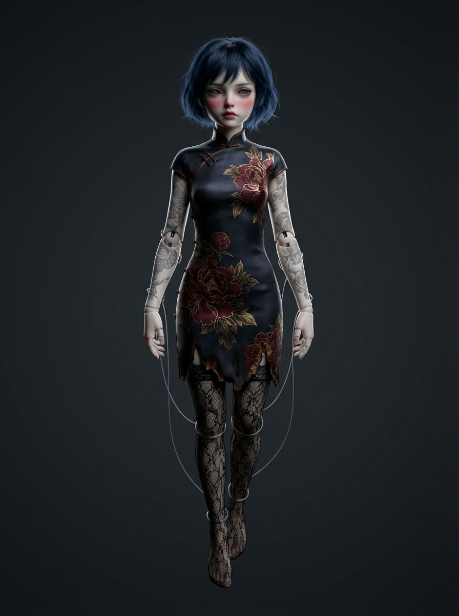 AI generated image using NANO_BANANA_PRO: Subject: A pale ball-jointed doll girl with hollow, paranoid eyes and messy dark...