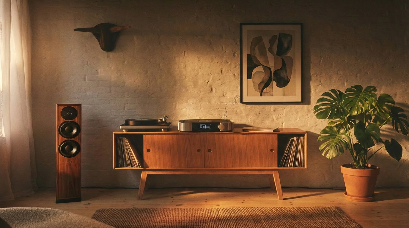 AI generated image using NANO_BANANA_PRO: Please change the speaker on the right to a plant pot. I would like it to be a b...