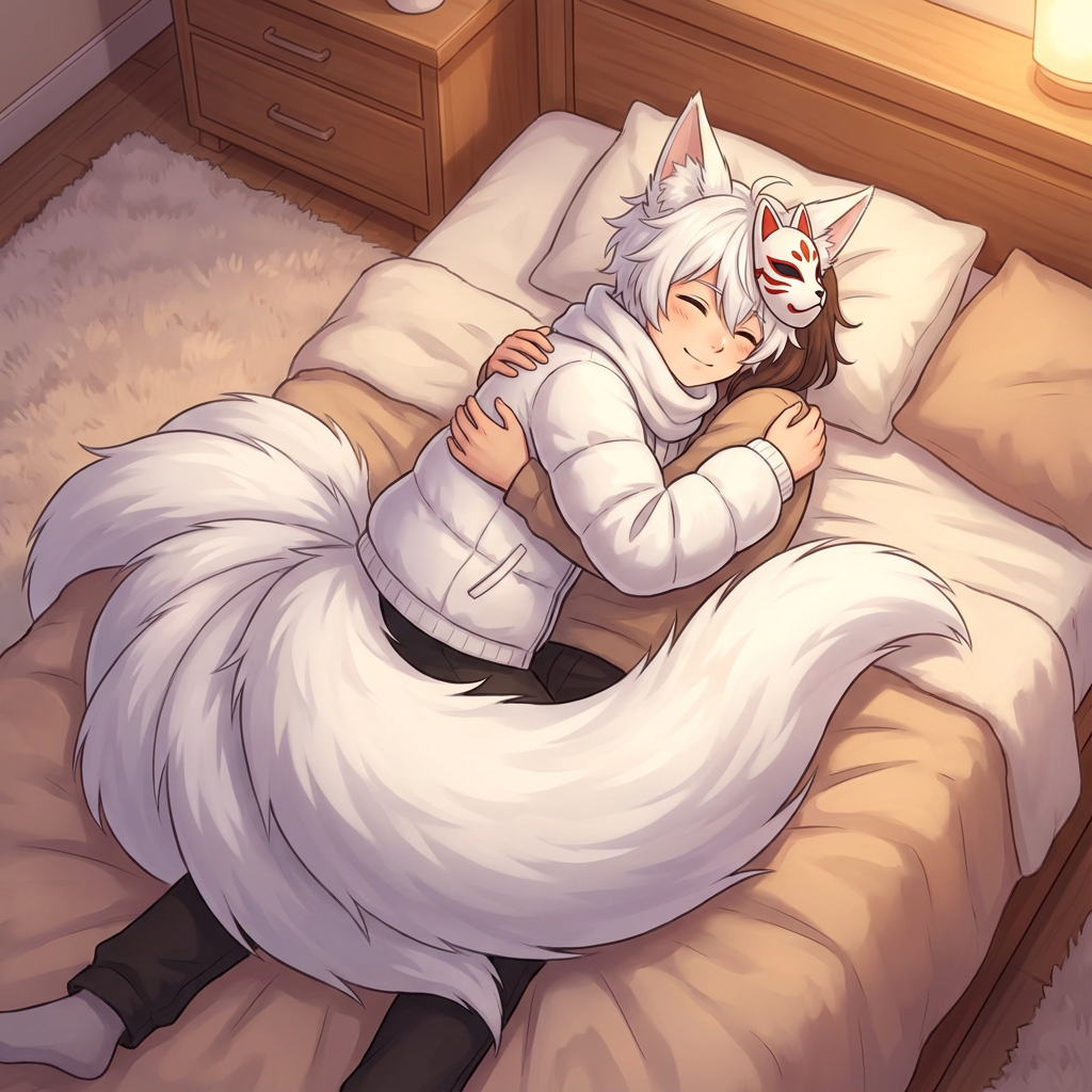 AI generated image using NANO_BANANA_PRO: Anime style, boy, one of the nine tails goes under my legs and waist while I'm c...