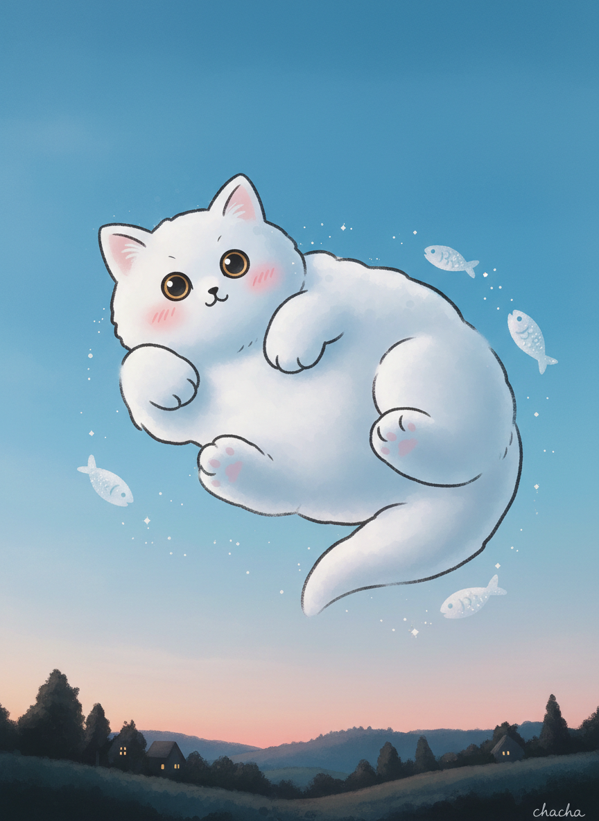 AI generated image using NANO_BANANA: Transform the clouds into the shape of a lazy cat. The cat is formed from white,...