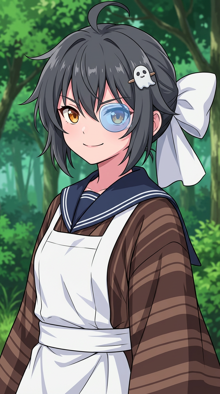 AI generated image using NANO_BANANA_PRO: Protagonist: A girl with messy dark gray hair, lively amber eyes, a charming and...