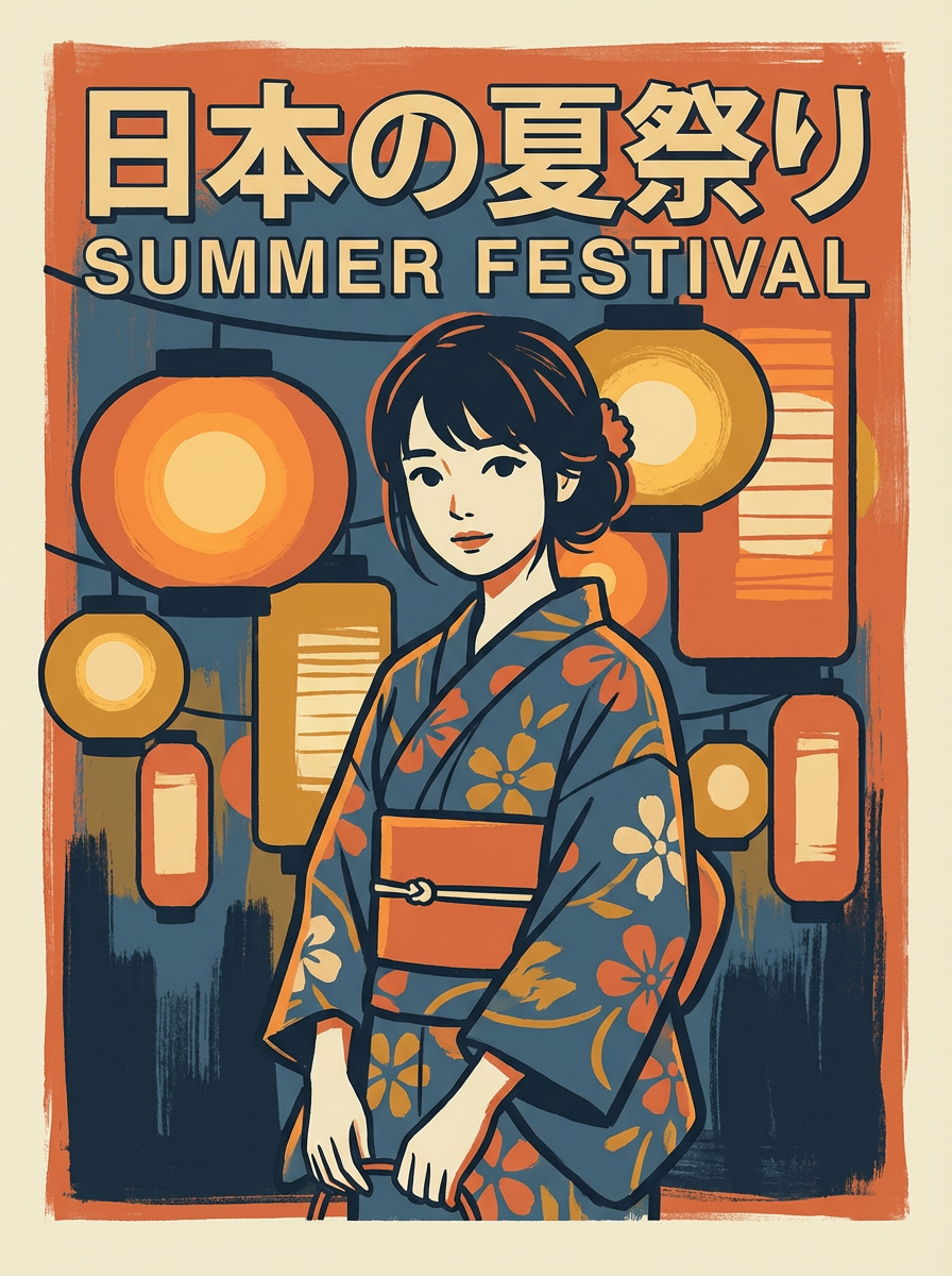 AI generated image using NANO_BANANA_PRO: Girl in yukata at summer festival, Graphic poster aesthetic, flat color areas, A...
