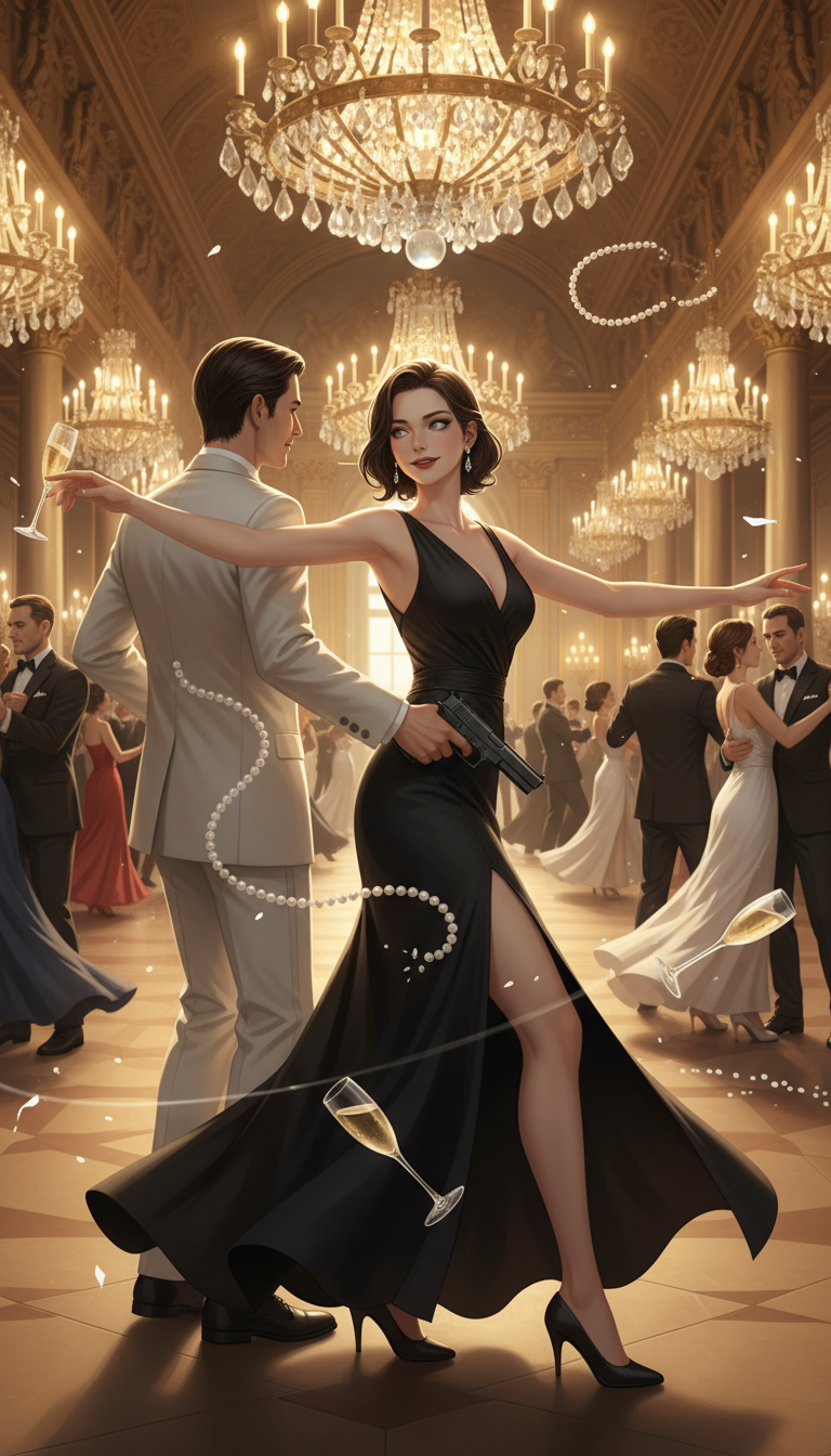 AI generated image using NANO_BANANA: An elegant female spy in a stunning black evening gown with thigh-high slit mid-...