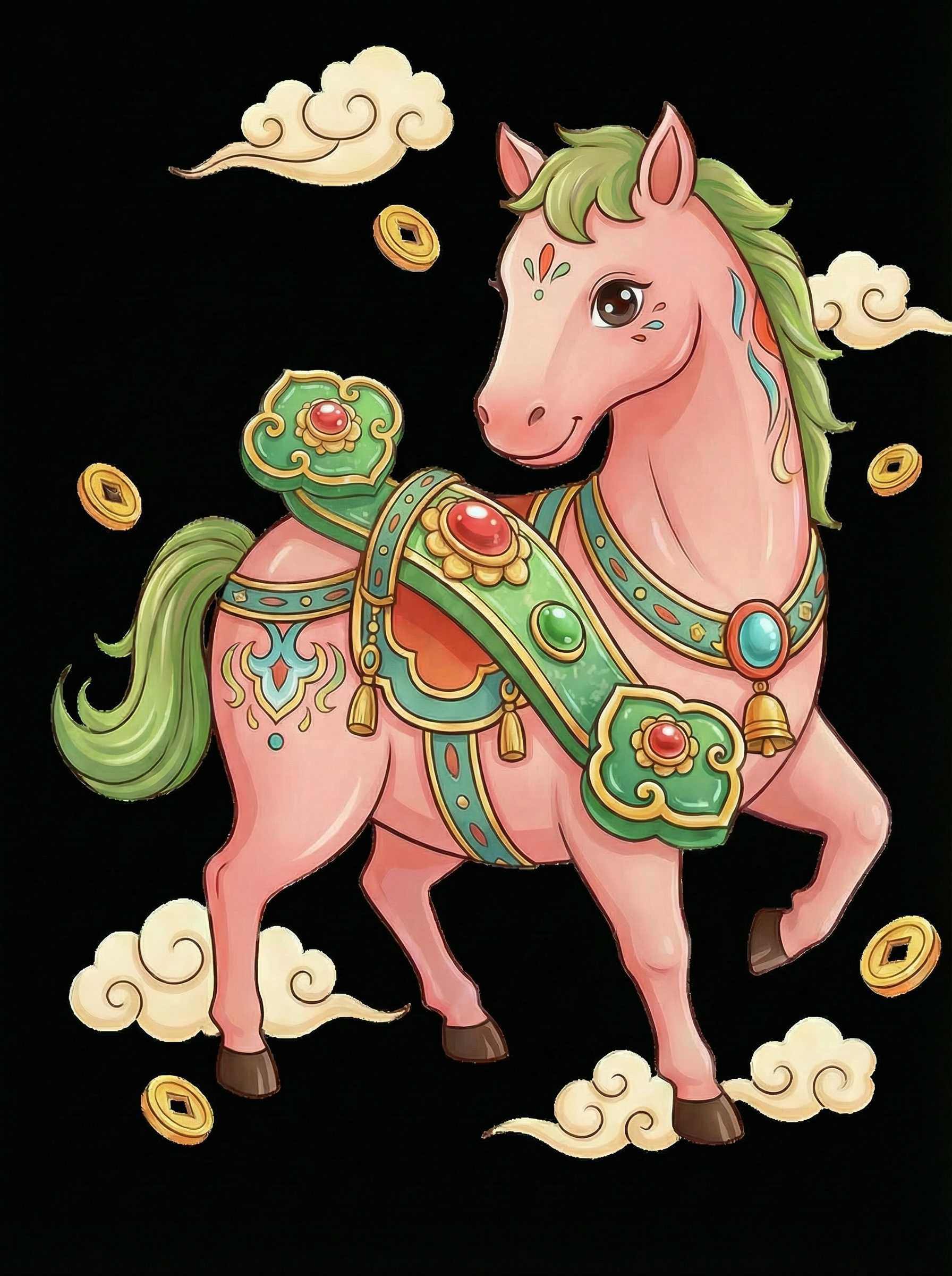 AI generated image using NANO_BANANA_PRO: Make the Ruyi on its back a bit smaller, and the horse a bit plumper.