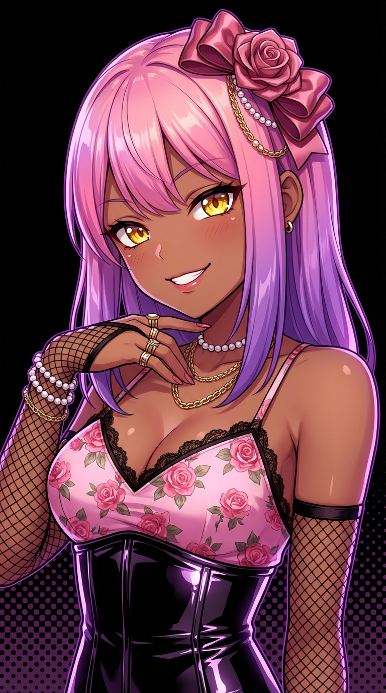 AI generated image using NANO_BANANA_PRO: Subject: A playful anime-style dark-skinned gyaru girl, with bright golden verti...