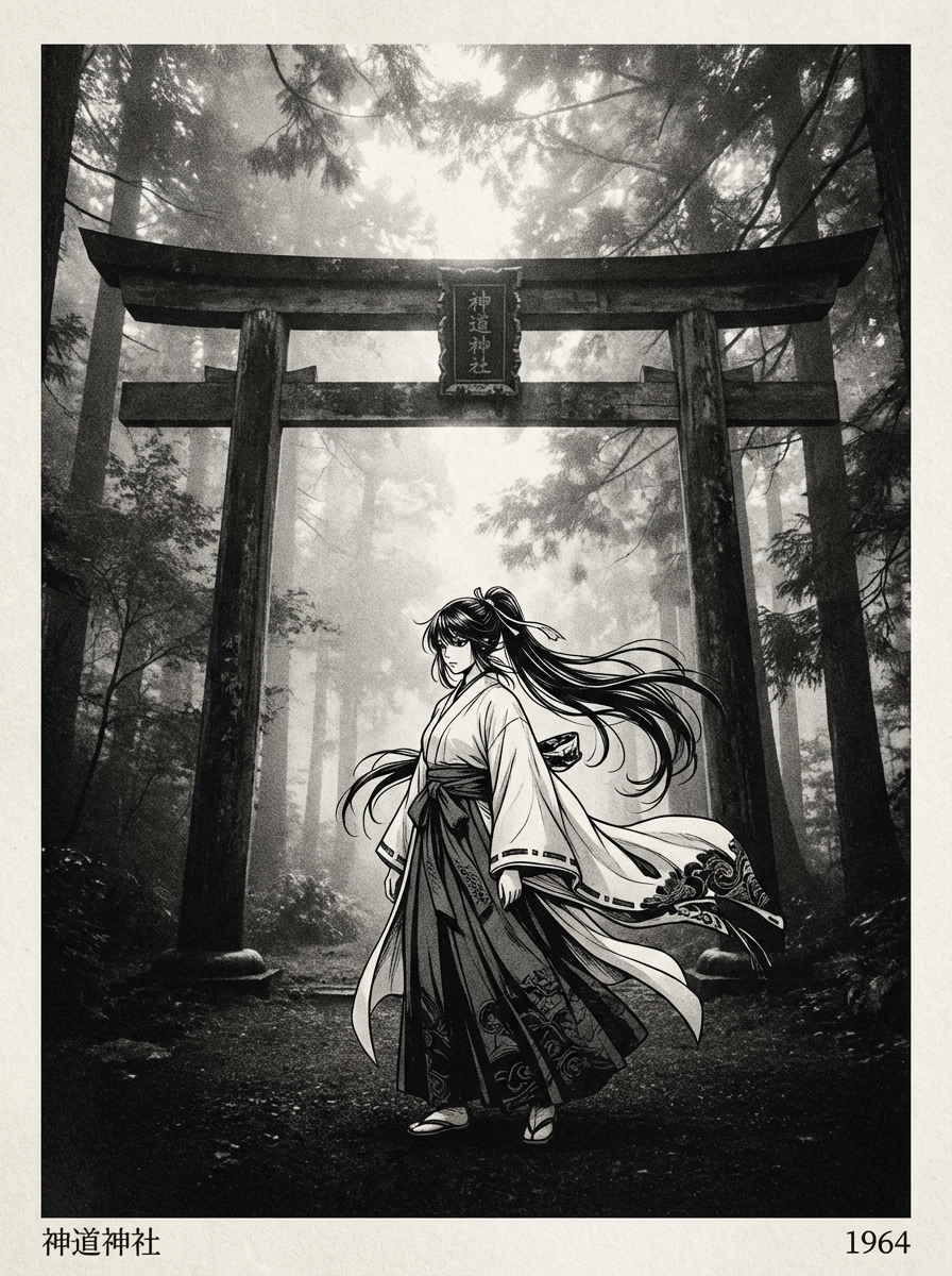 AI generated image using NANO_BANANA_PRO: Silver gelatin print, high contrast monochrome, shrine maiden miko standing bene...