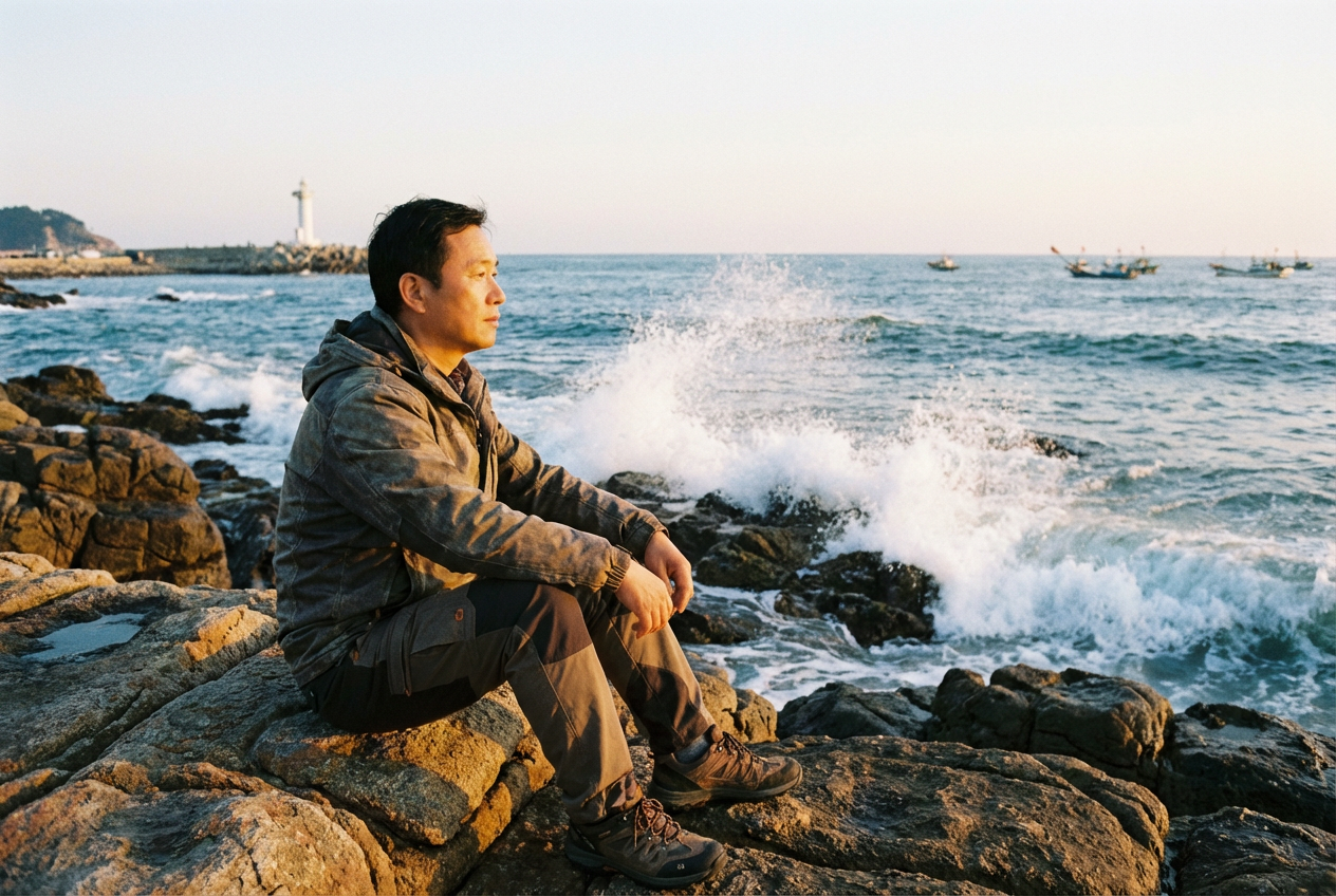 AI generated image using NANO_BANANA_PRO: A photo of an Asian man sitting on a reef by the sea.