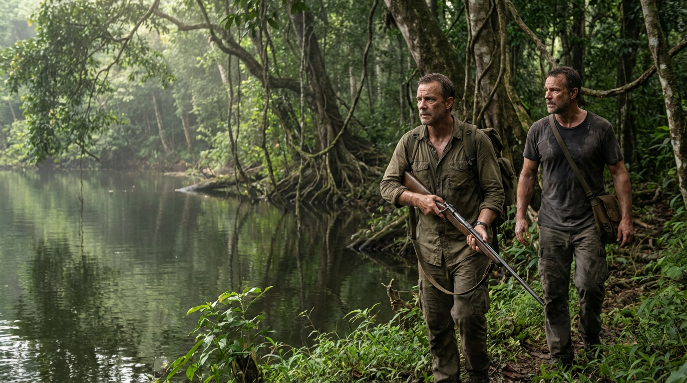 AI generated image using NANO_BANANA_PRO: Two adult men are moving cautiously through a dense tropical jungle, their appea...