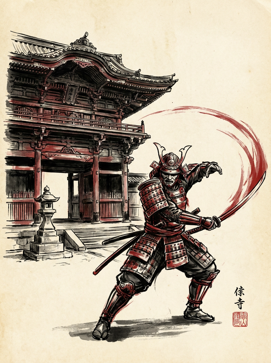 AI generated image using NANO_BANANA_PRO: Intricate Japanese drawing of a dynamic samurai in traditional armor, katana mid...