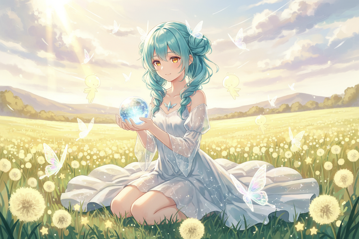 AI generated image using NANO_BANANA: A gentle anime girl with luminous aqua hair styled in soft twin drills, kneeling...