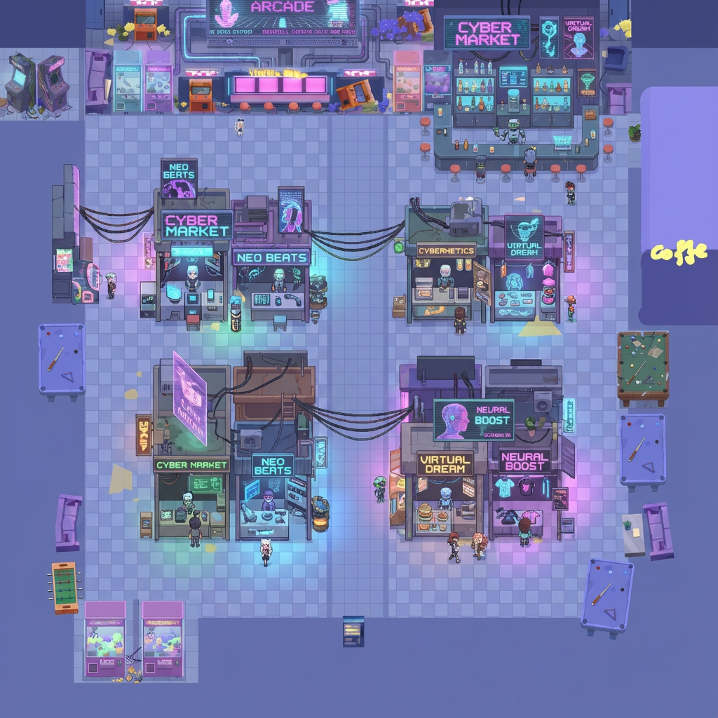 AI generated image using NANO_BANANA_PRO: Add objects, stalls, bar counters, cyber elements, and billboards