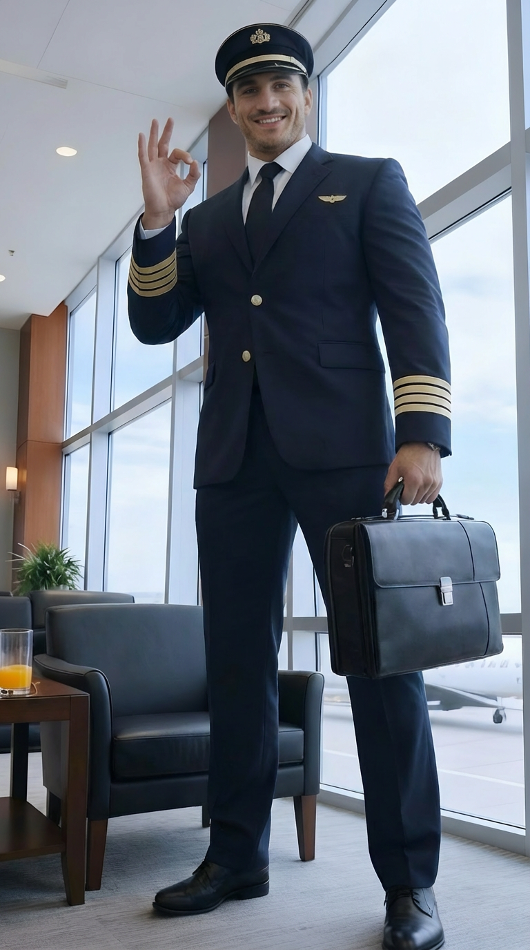 AI generated image using NANO_BANANA_PRO: The pilot makes an  OK  hand gesture with his right hand to the camera.