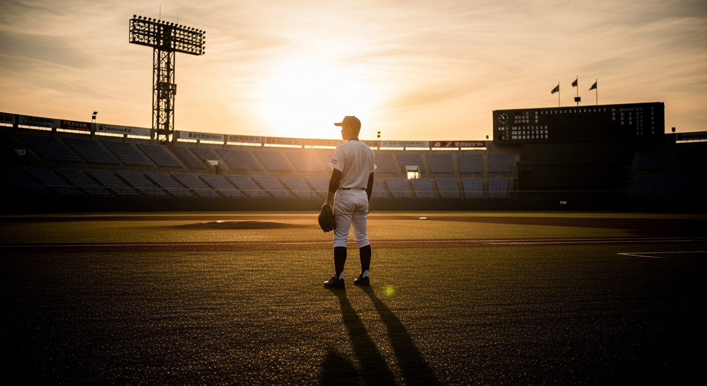 AI generated image using IMAGE4: In the quiet evening, a Japanese baseball player stands alone on an empty baseba...