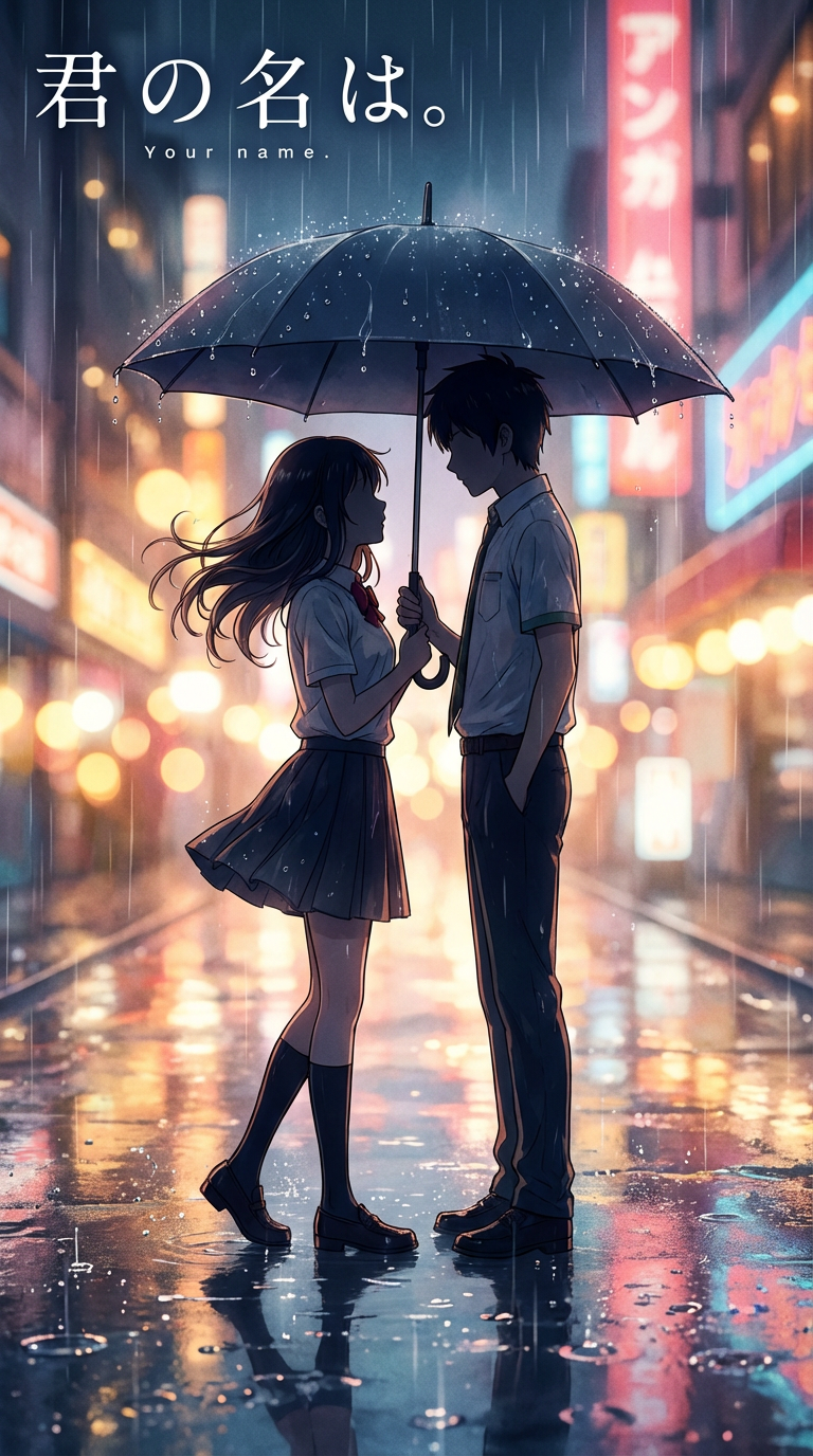 AI generated image using NANO_BANANA_PRO: Two anime characters sharing umbrella in rain, Art by Makoto Shinkai lighting st...
