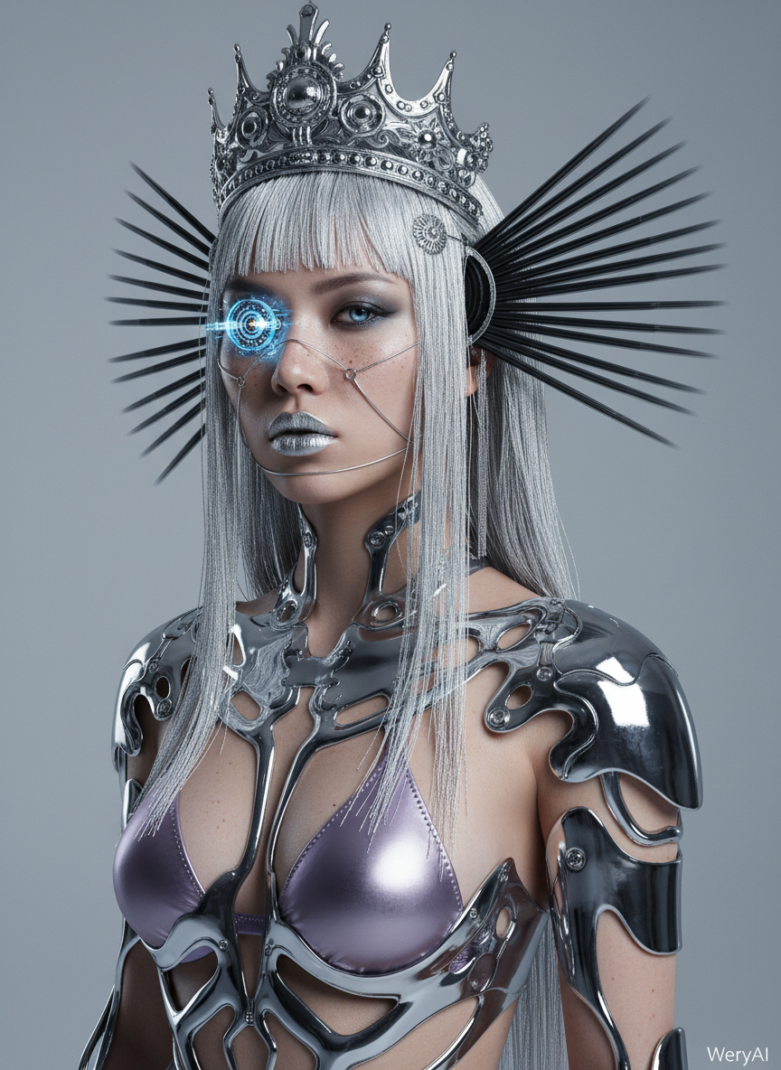 AI generated image using NANO_BANANA: Subject: Asian teenage girl with a cold, aloof expression; her left eye is a mec...