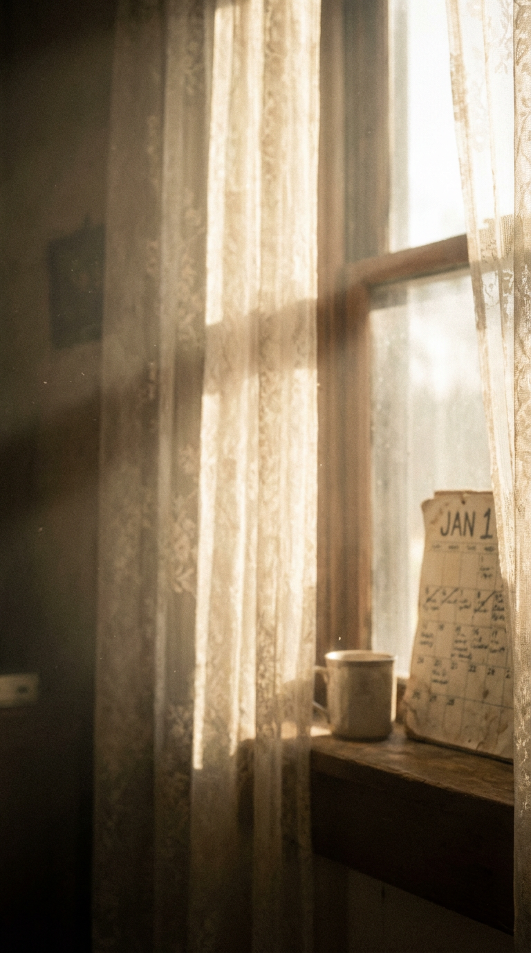 AI generated image using NANO_BANANA_PRO: soft morning light bleeding through sheer curtains, first day of the year, lo-fi...