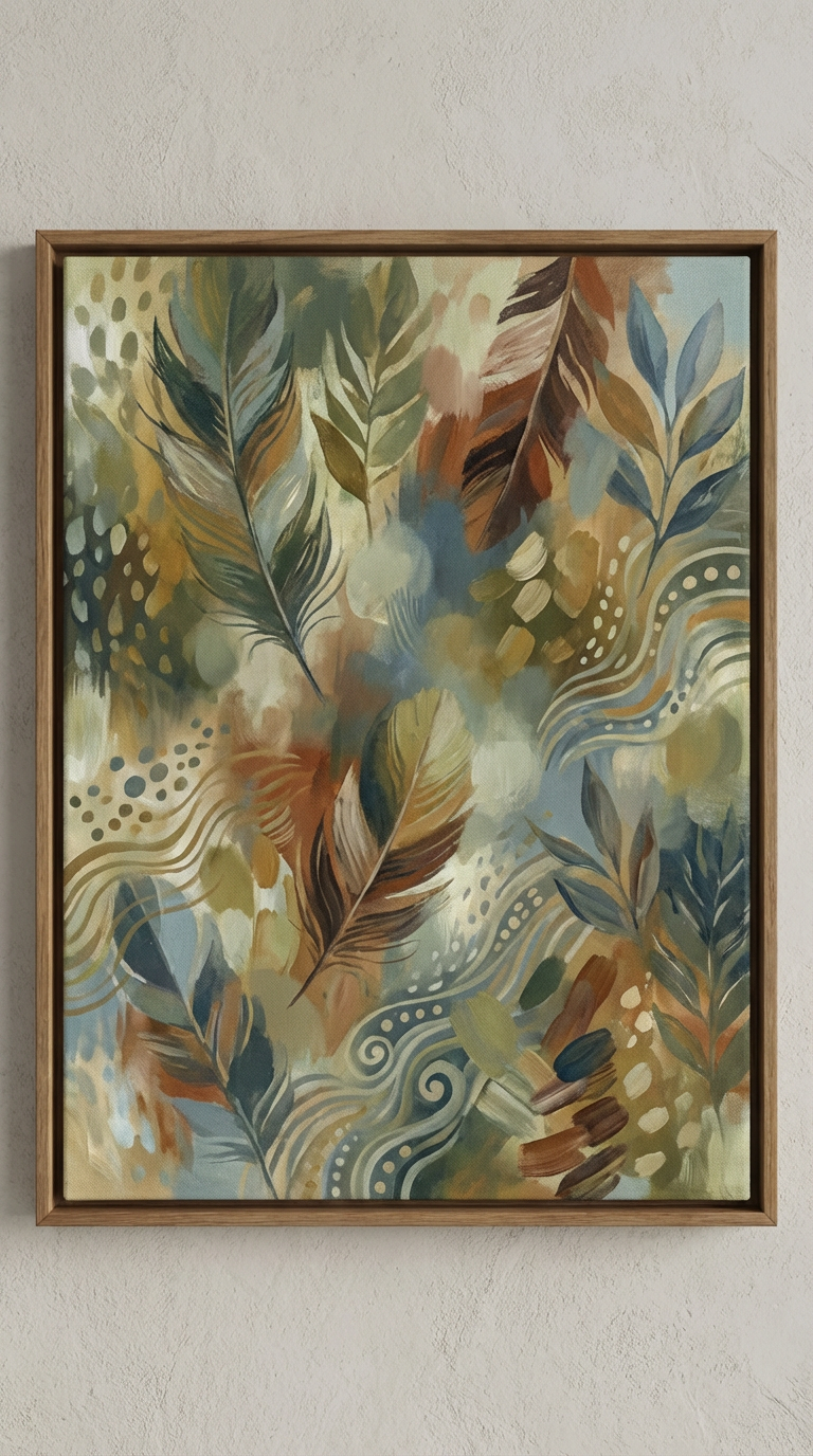 AI generated image using NANO_BANANA_PRO: abstract painting, feathers, patterns, muted colour, leaves, blurred in some are...