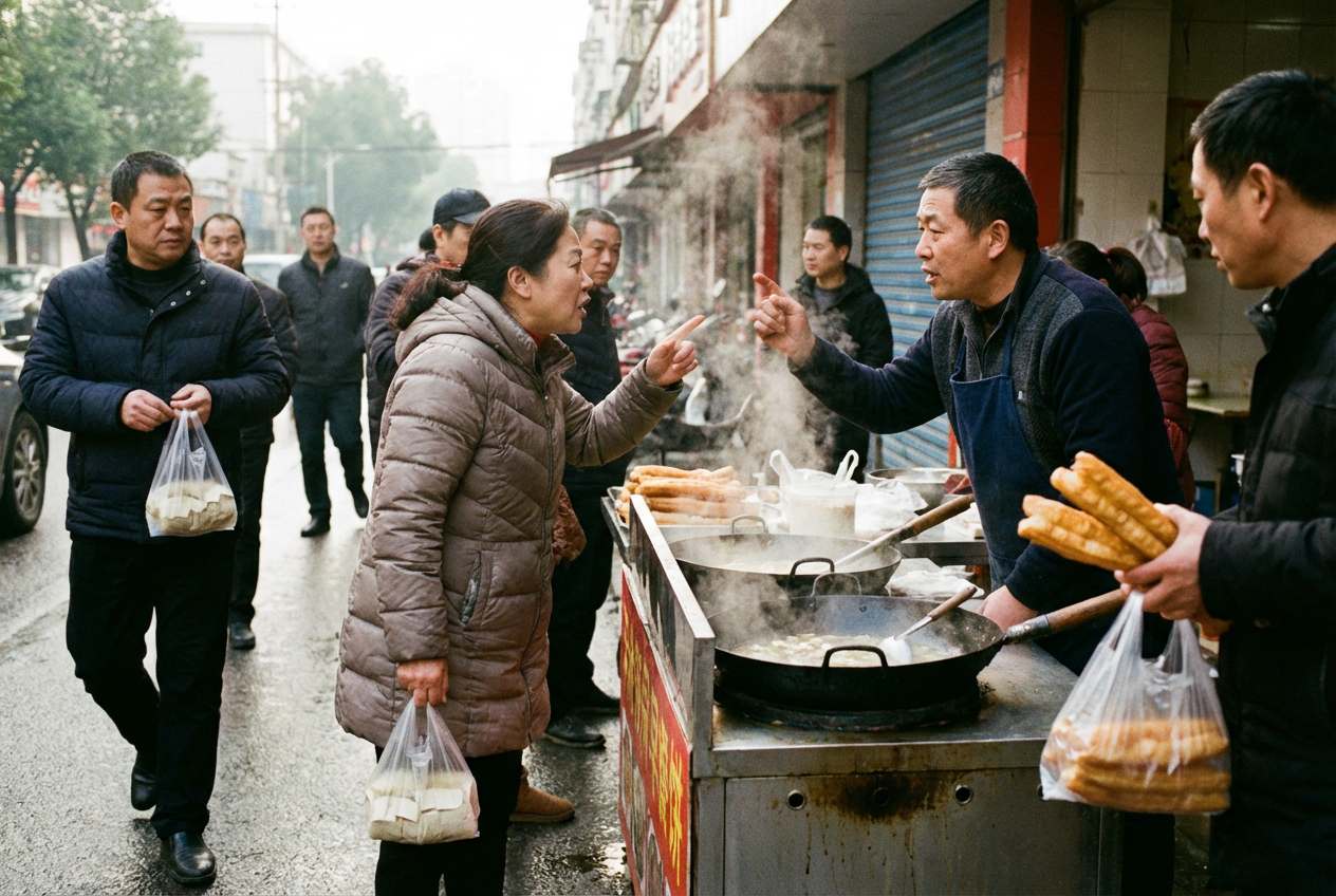 AI generated image using NANO_BANANA_PRO: An early morning breakfast stall where a woman in her 50s is debating with the s...