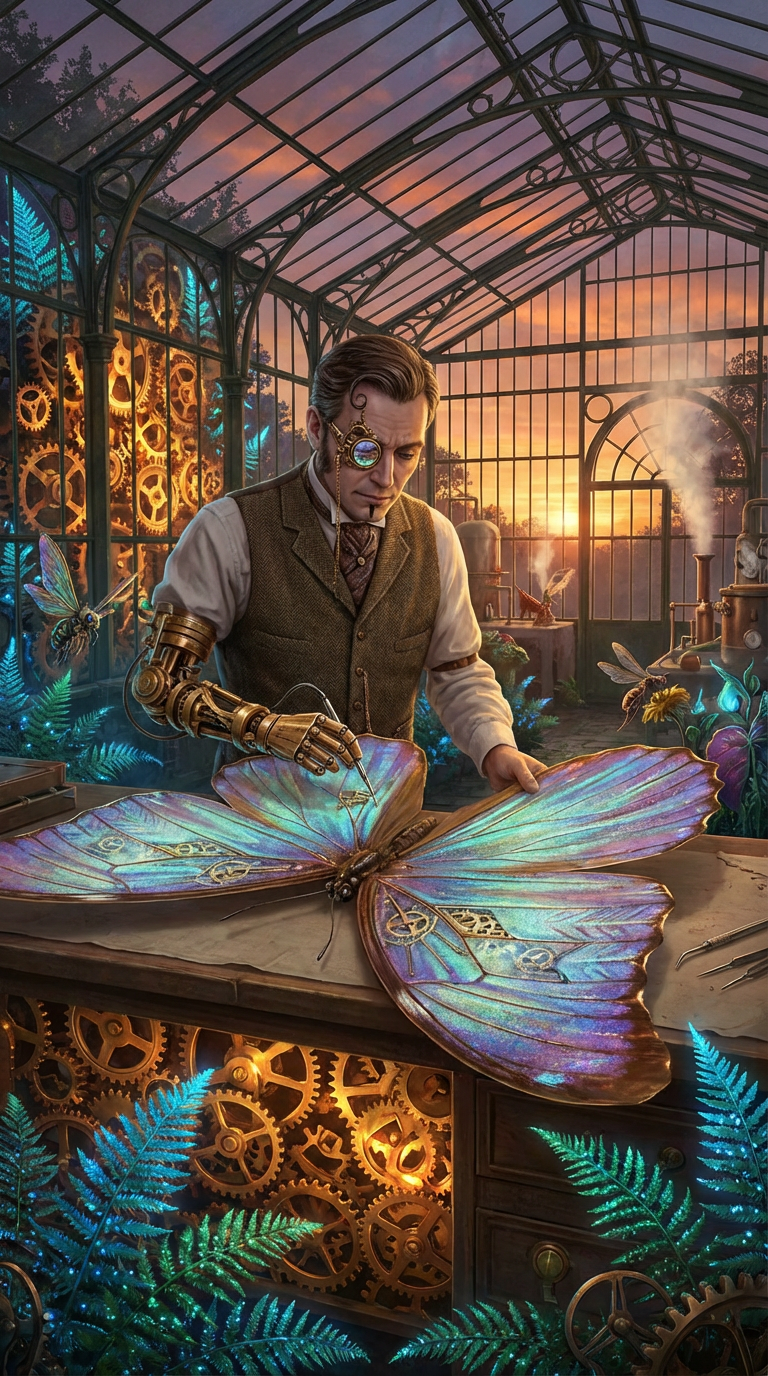 AI generated image using NANO_BANANA_PRO: Dusk falls. A steampunk entomologist in a Victorian glasshouse delicately repair...
