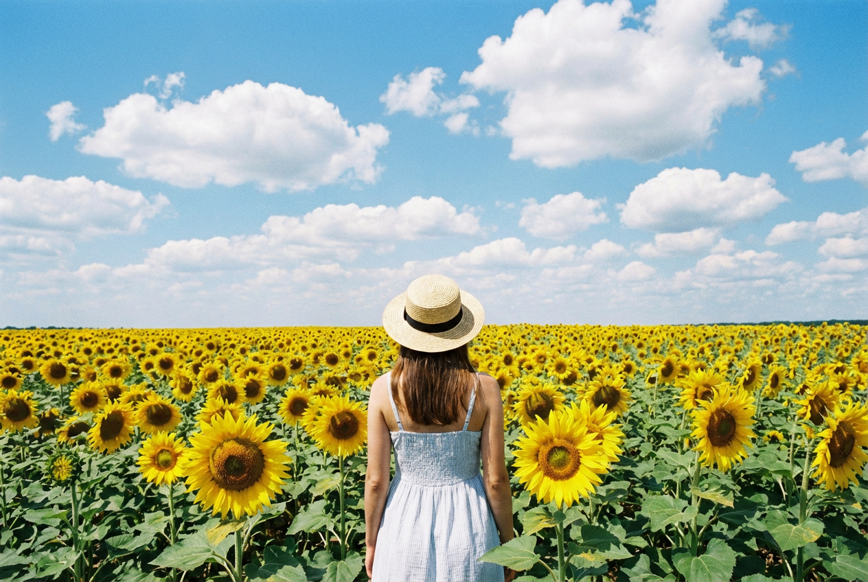 AI generated image using NANO_BANANA_PRO: A back view of a girl standing in a sunflower field, with a blue sky and white c...