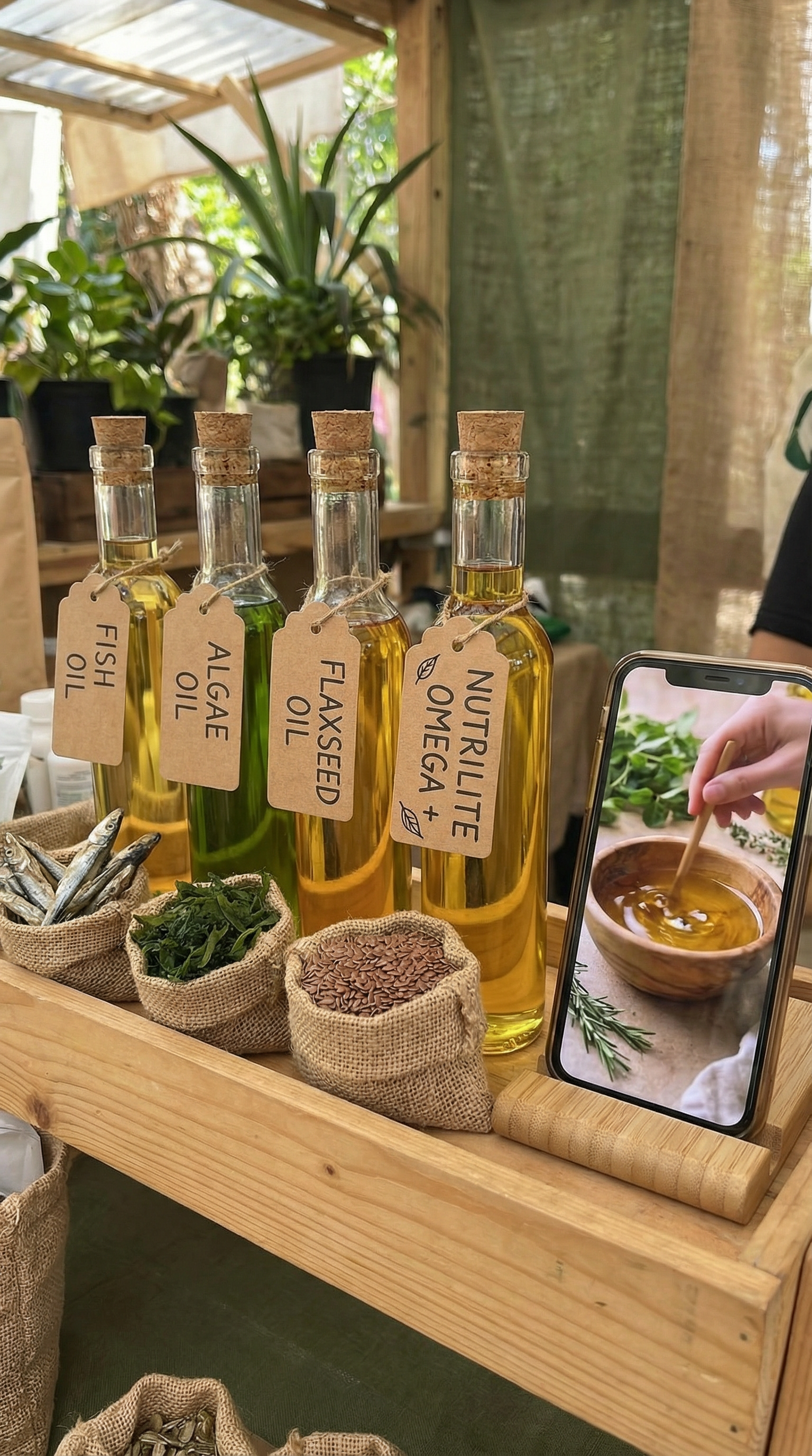 AI generated image using NANO_BANANA_PRO: Fish oil and plant-based ingredients are transformed into Nutrilite Omega + vert...