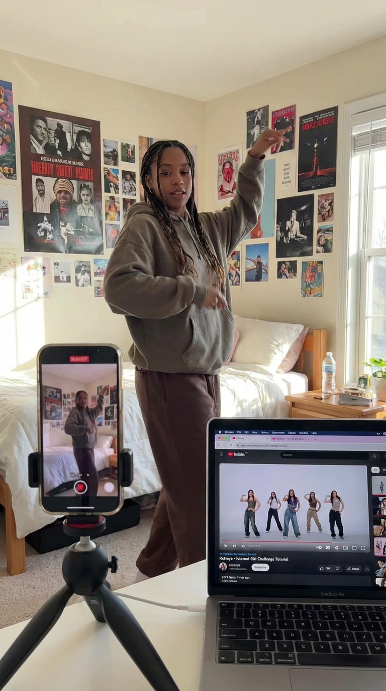 AI generated image using NANO_BANANA_PRO: A girl (19 years old) doing the internet girl dance challenge by katseye