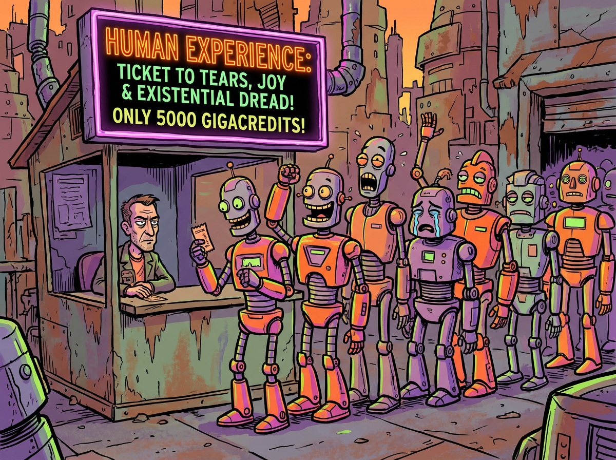 AI generated image using NANO_BANANA_PRO: A satirical cartoon-style illustration depicting futuristic robots queuing up to...