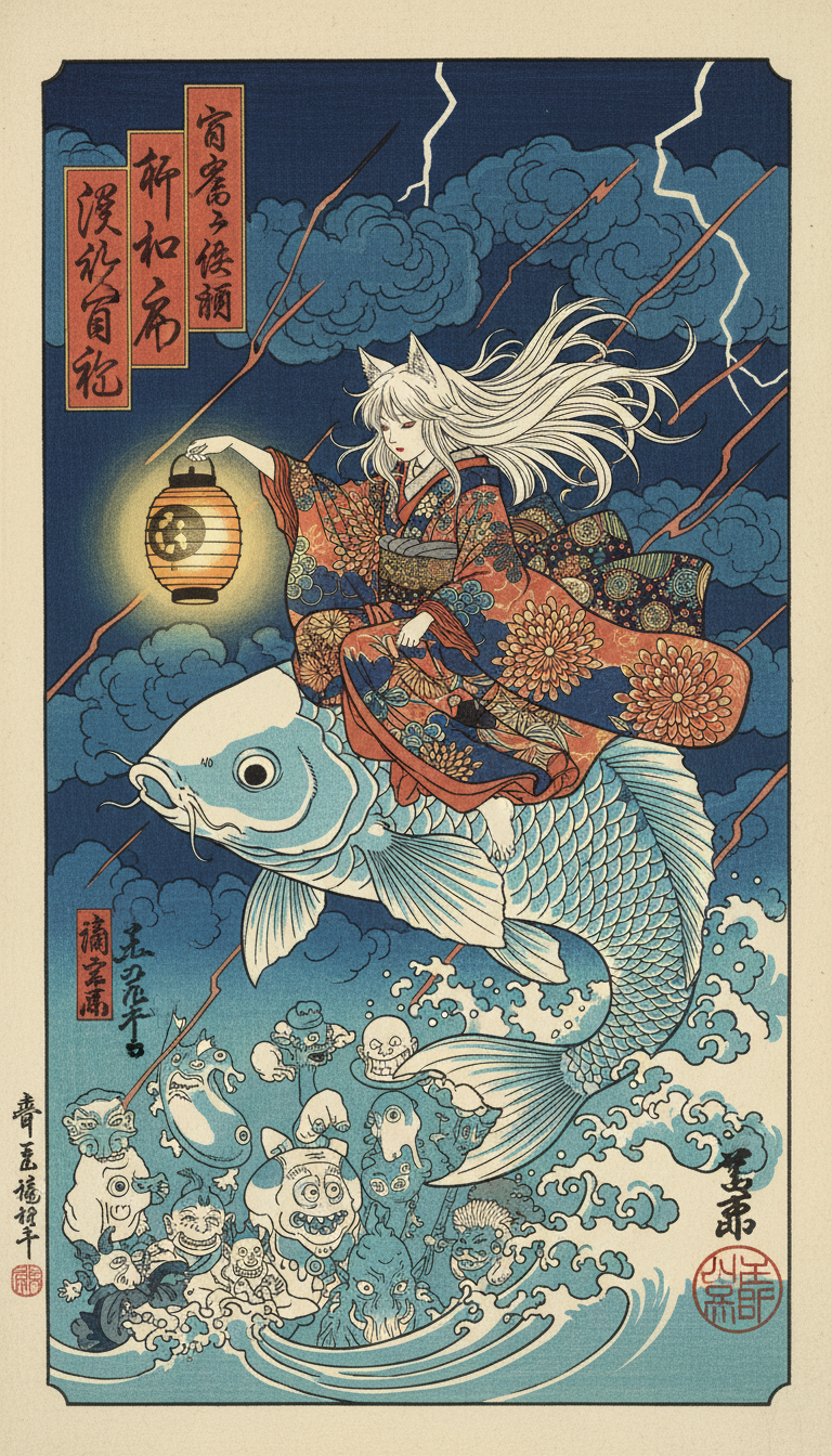 AI generated image using NANO_BANANA: Ukiyo-e inspired anime art of a yokai girl with long white hair and fox ears, we...