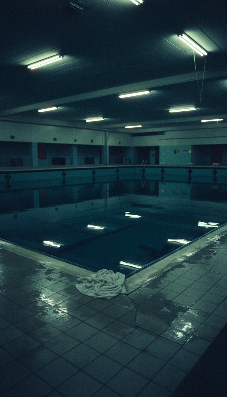 AI generated image using NANO_BANANA: Indigo and chlorine blue liminal space, empty indoor swimming pool at night, flu...