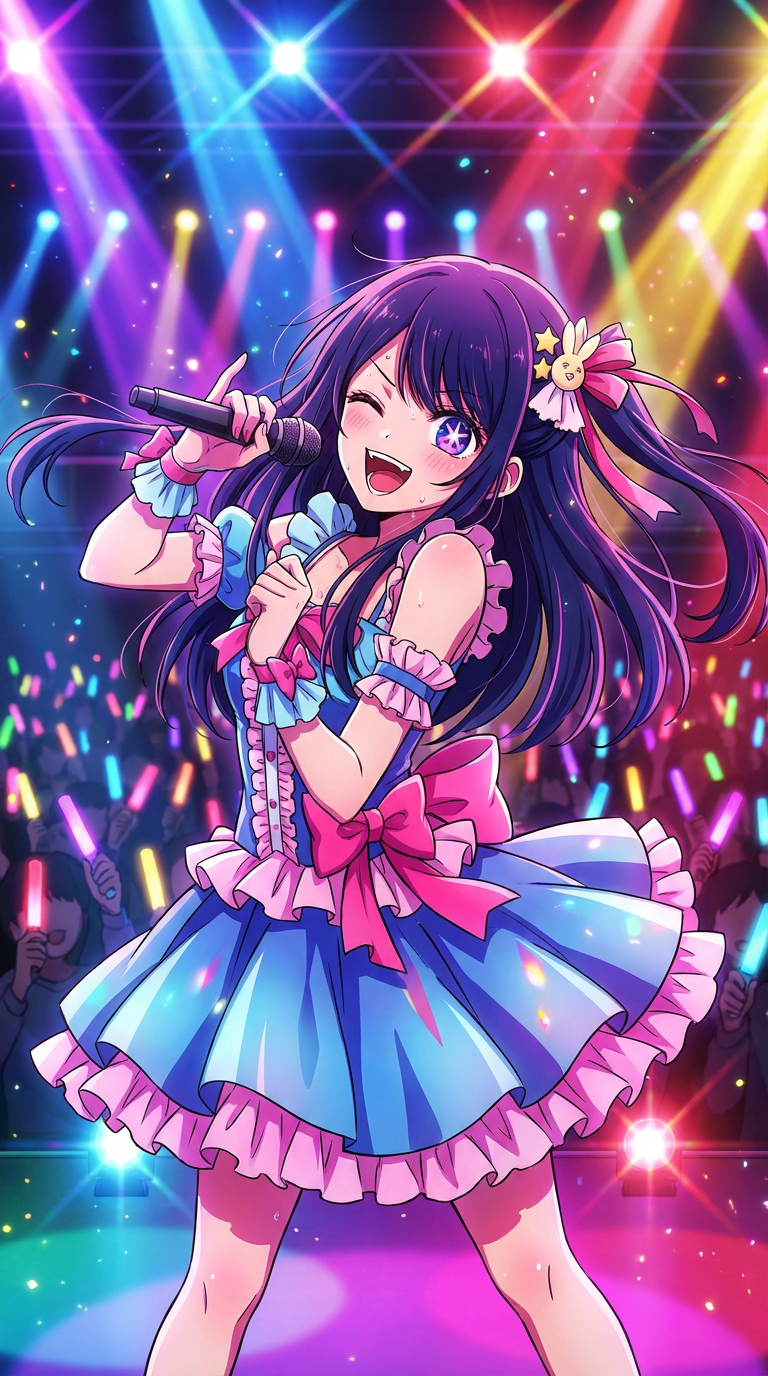 AI generated image using NANO_BANANA_PRO: Anime idol girl performing energetically on concert stage, sparkling colorful st...
