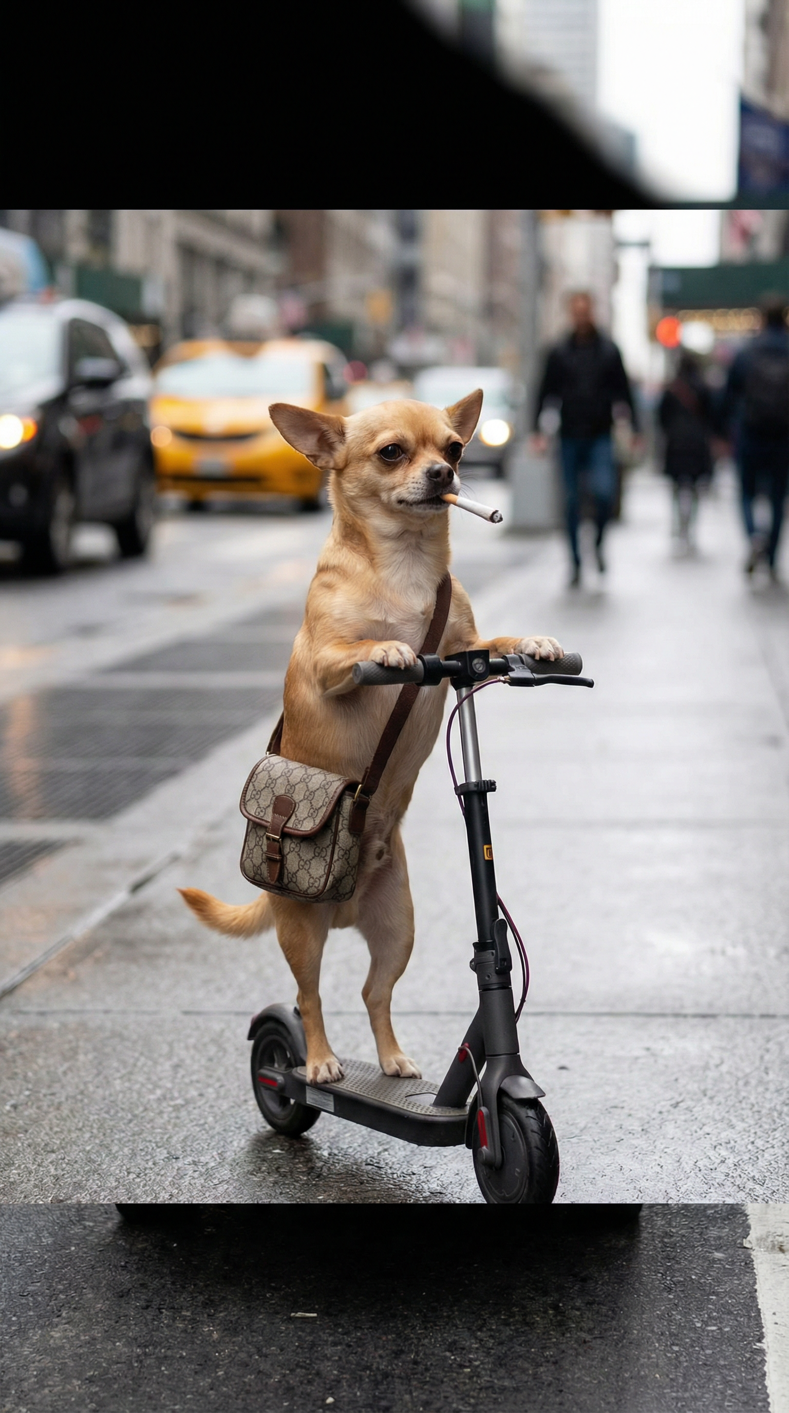 AI generated image using NANO_BANANA_PRO: Small tan chihuahua riding an electric scooter on a city street, standing uprigh...