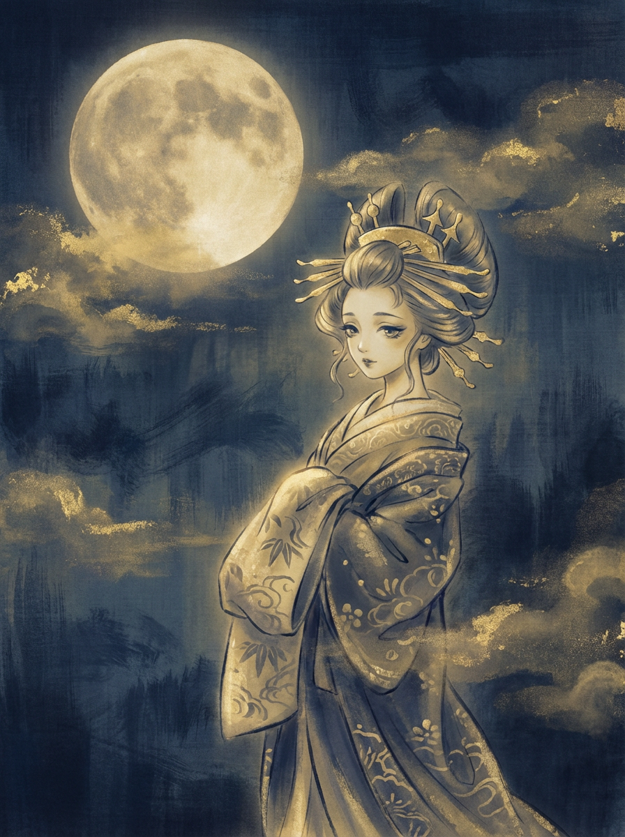 AI generated image using NANO_BANANA_PRO: Nihonga traditional Japanese painting style, oiran courtesan under full moon, mi...