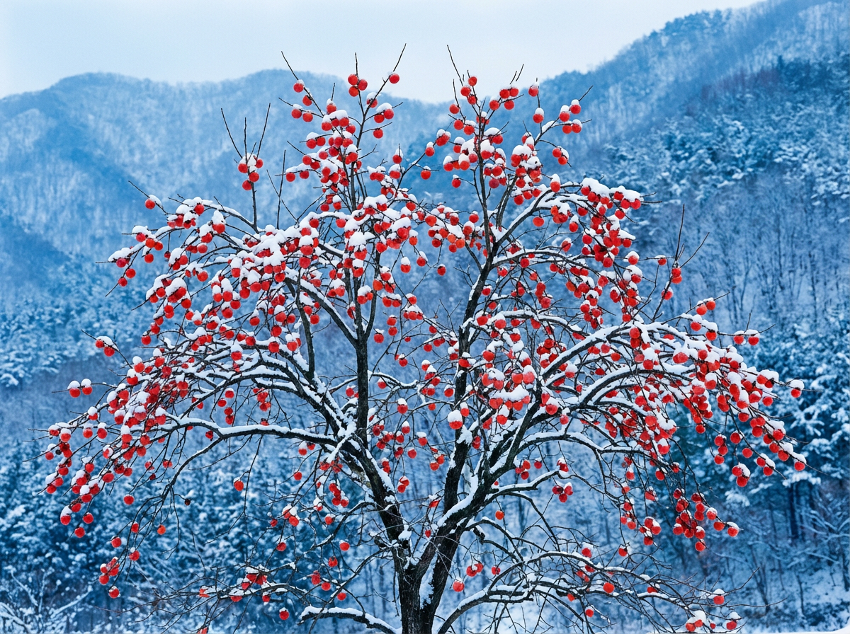 AI generated image using NANO_BANANA_PRO: Landscape photography, deep winter, an ancient persimmon tree standing in a vast...