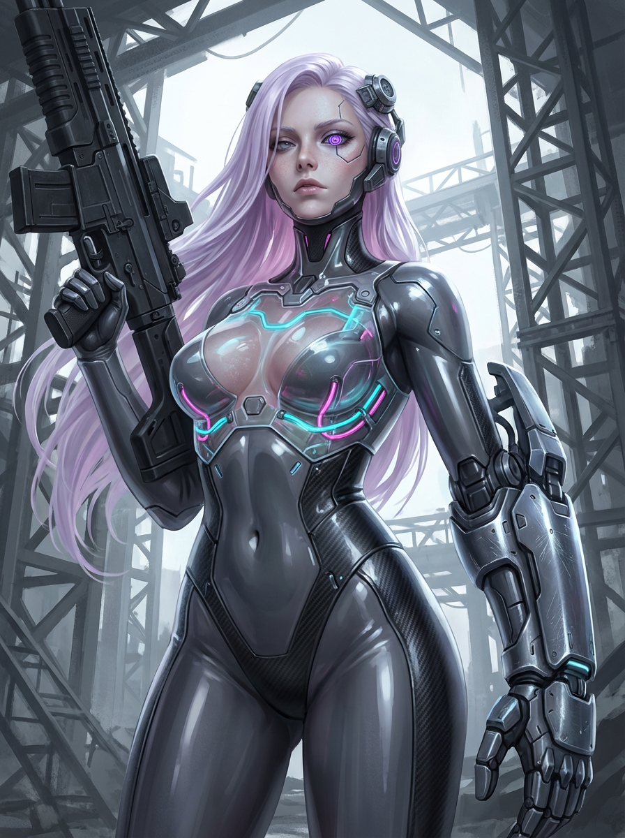 AI generated image using NANO_BANANA_PRO: Subject: Cyber-anthropomorphic female, pale purple shoulder-length hair, cold an...