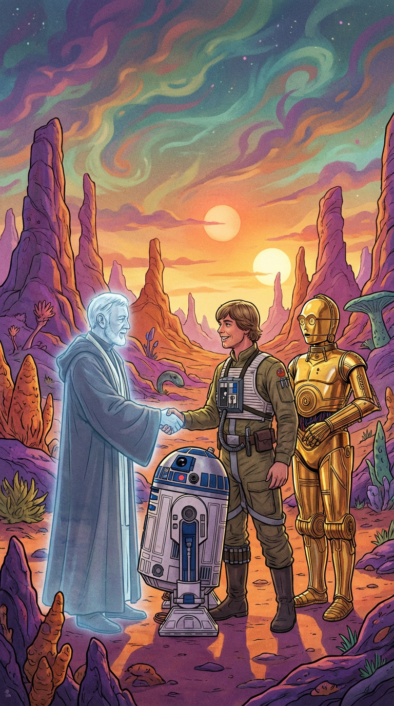 AI generated image using NANO_BANANA_PRO: An image of Luke Skywalker smiling and shaking hands with Obi-Wan Kenobi, positi...