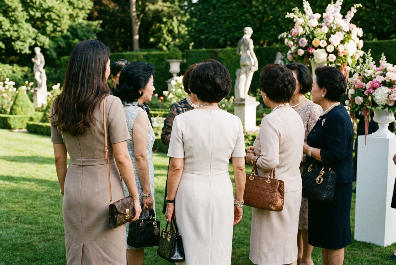 AI generated image using NANO_BANANA_PRO: A woman in her thirties trying to blend into a circle of wealthy wives, all show...