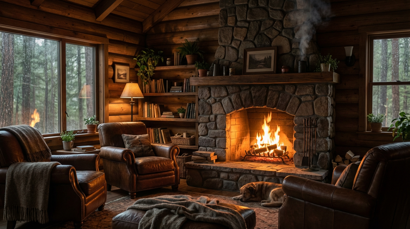 AI generated image using NANO_BANANA_PRO: A cozy wooden cabin in the forest, inside view, warm fireplace with glowing oran...
