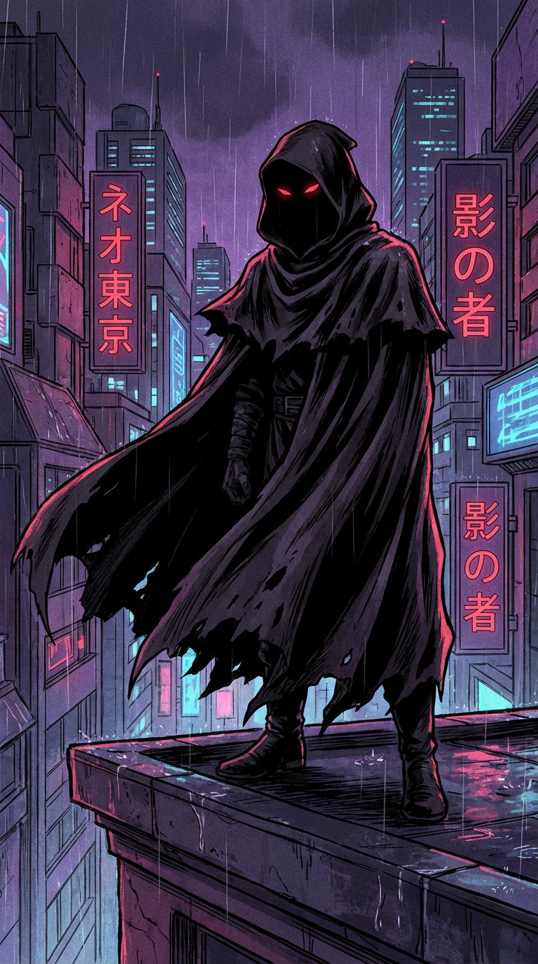 AI generated image using NANO_BANANA_PRO: Anime-style illustration of a man wearing a black hood