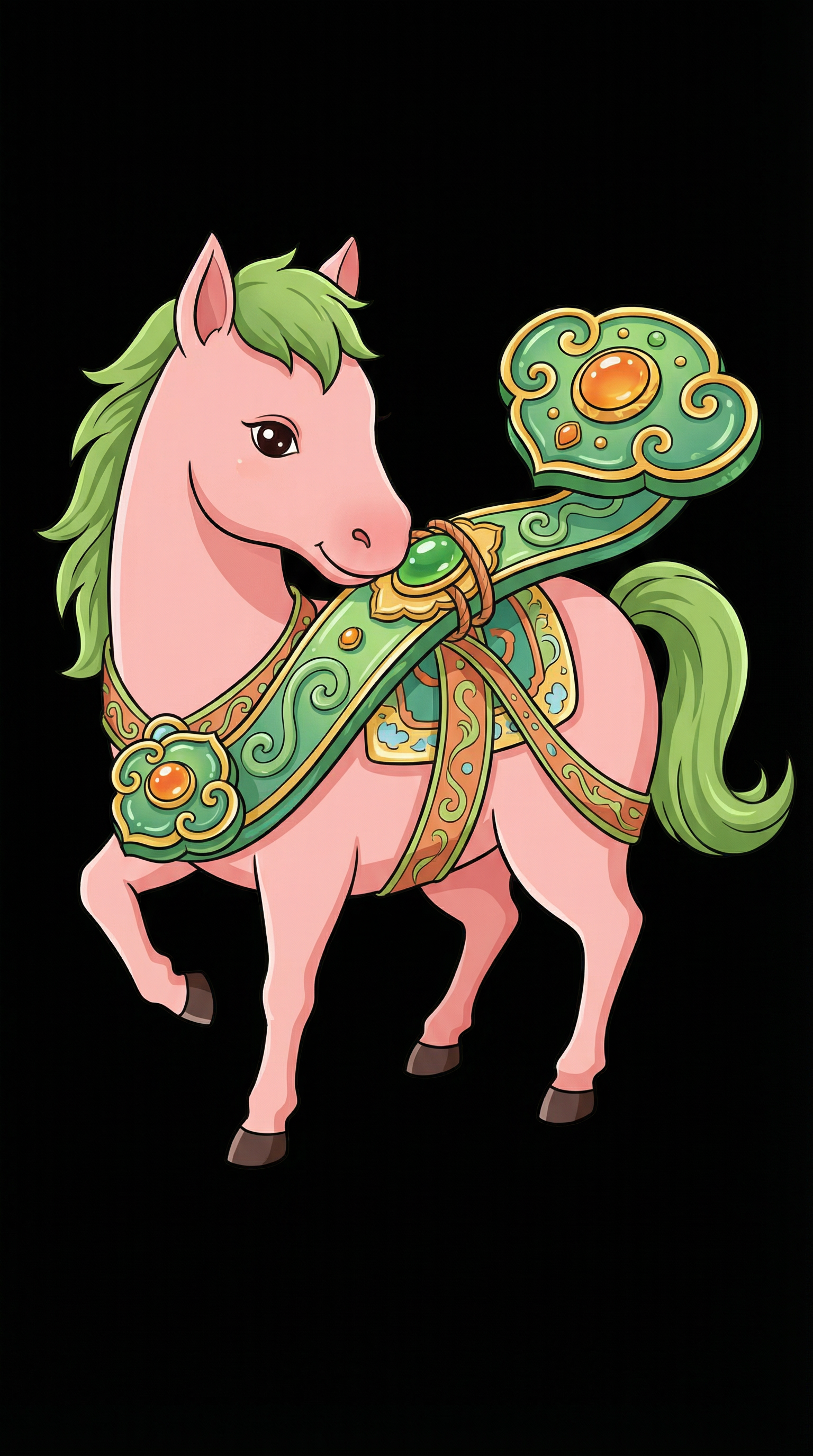 AI generated image using NANO_BANANA_PRO: A horse carrying a jade Ruyi on its back, with the Ruyi realistically positioned...