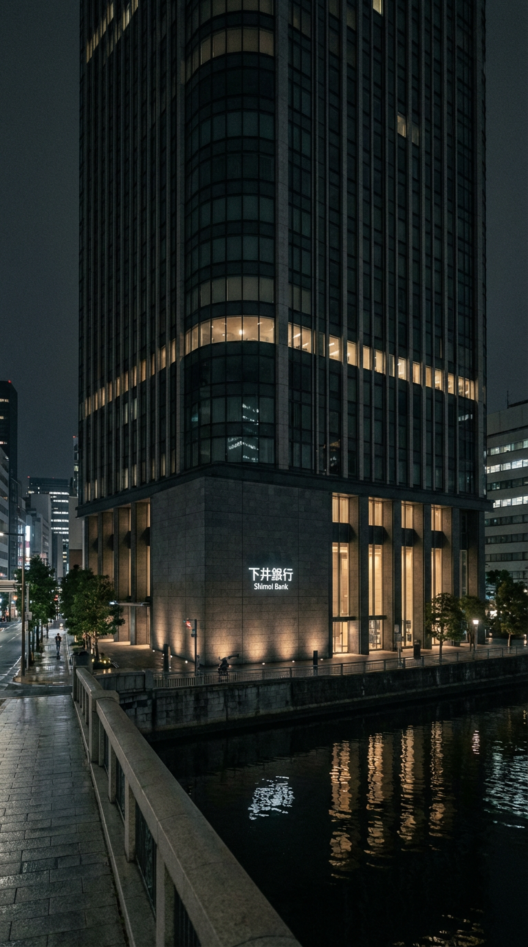 AI generated image using NANO_BANANA_PRO: A realistic night view of a Japanese megabank headquarters building in Nakanoshi...