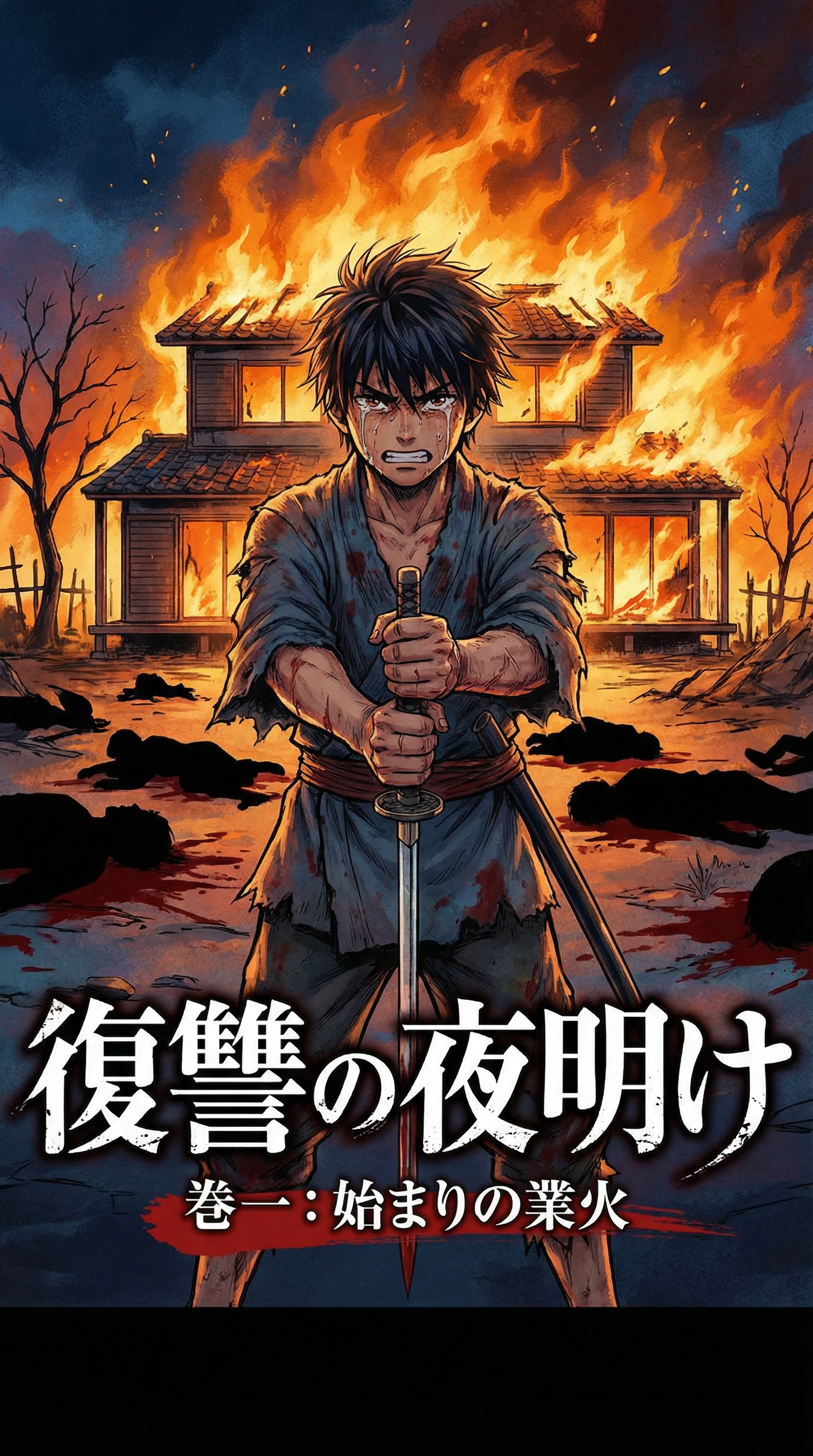 AI generated image using NANO_BANANA_PRO: Create a manga cover for a story where a man's family is killed in the first cha...