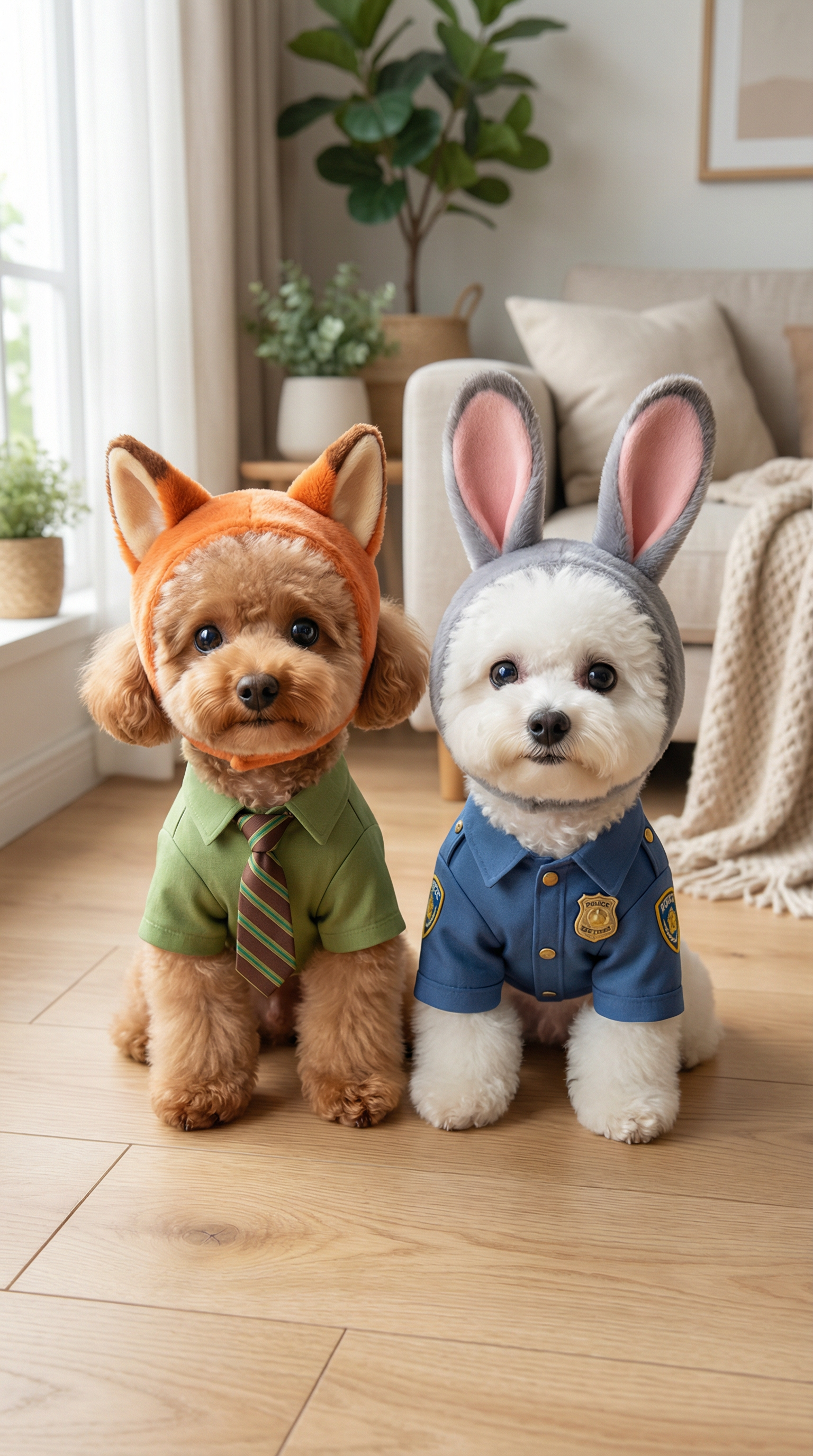 AI generated image using NANO_BANANA_PRO: Two ultra-cute small dogs sitting side by side indoors on a light wooden floor, ...