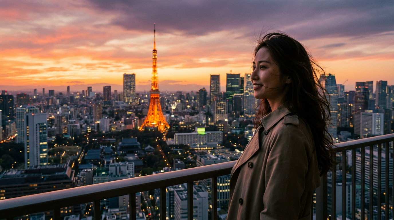 AI generated image using NANO_BANANA_PRO: A stunning Japanese beauty standing on a balcony with the Tokyo city sunset in t...