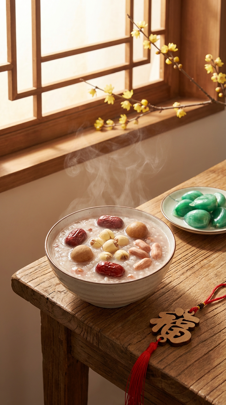 AI generated image using NANO_BANANA_PRO: A corner of a Chinese-style solid wood dining table A bowl of steaming Laba porr...