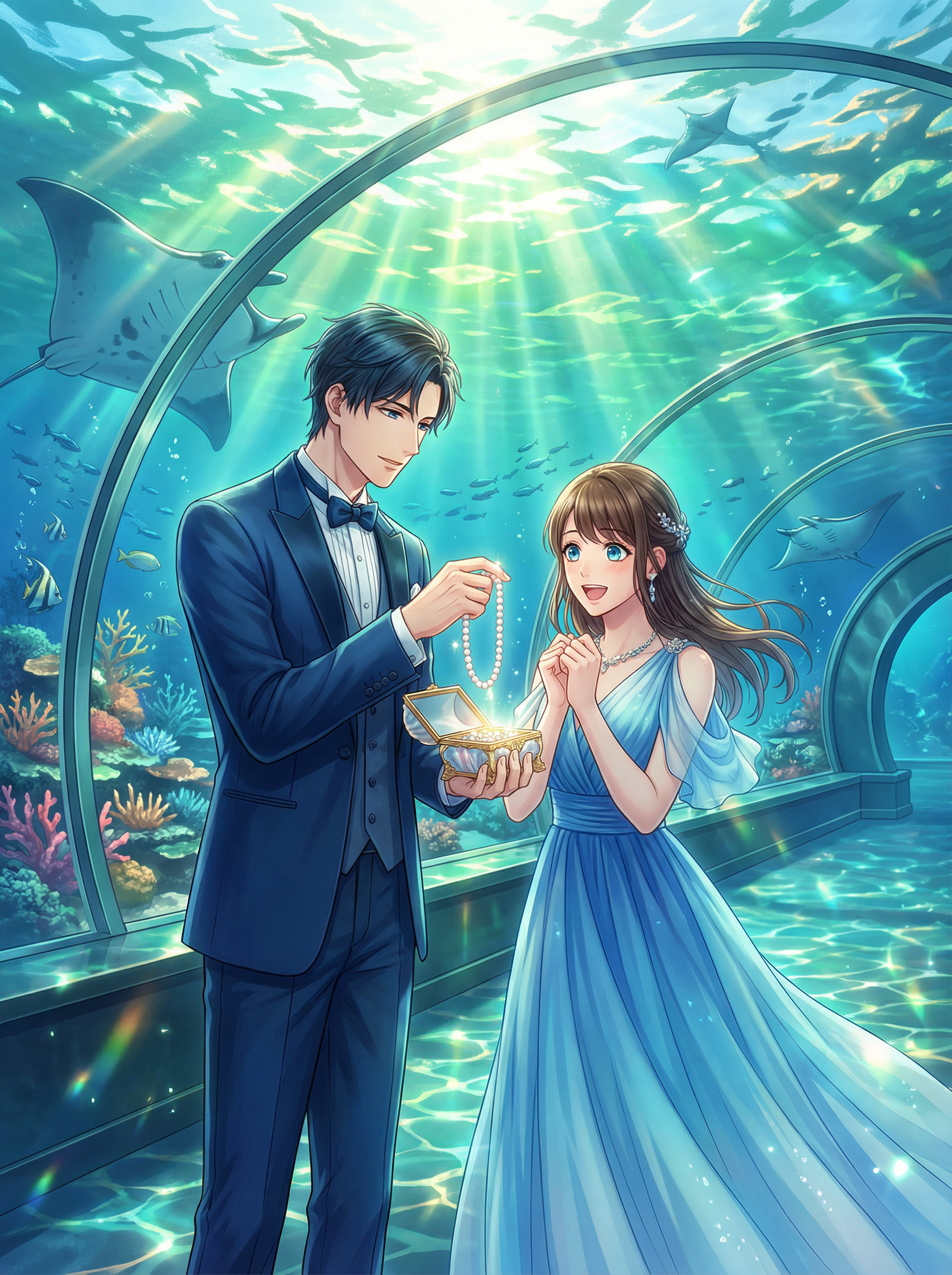 AI generated image using NANO_BANANA_PRO: Otome game CG illustration, exquisitely beautiful, inside a massive underwater g...
