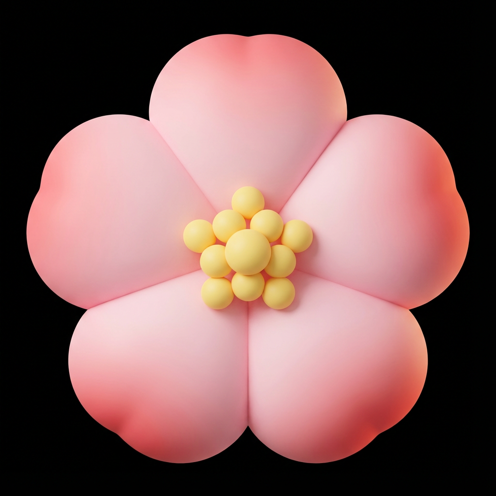 AI generated image using NANO_BANANA_PRO: 3D render, a cute peach blossom, five rounded petals, minimalist geometric shape...