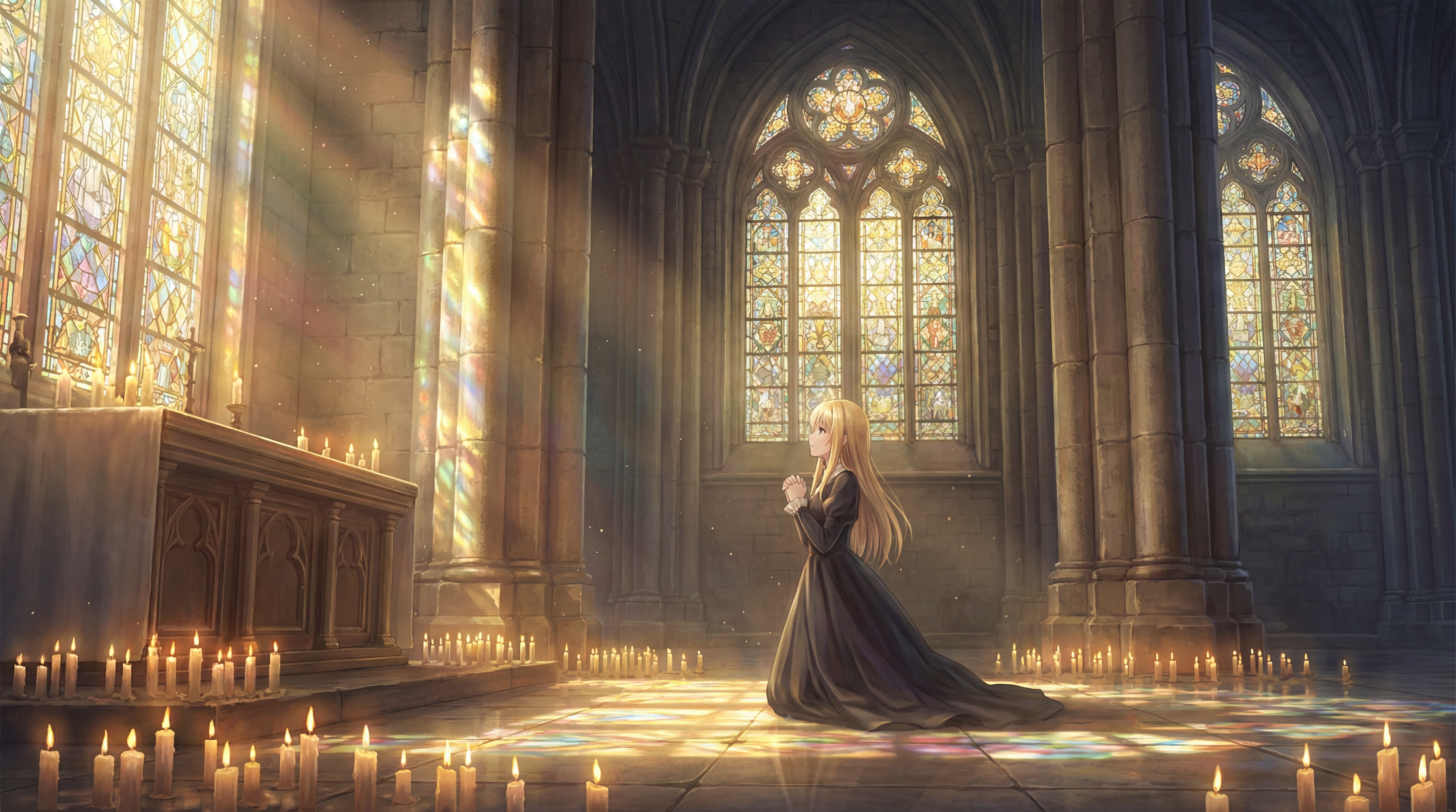 AI generated image using NANO_BANANA_PRO: Blonde anime girl praying in giant gothic cathedral. The golden light of dawn/du...